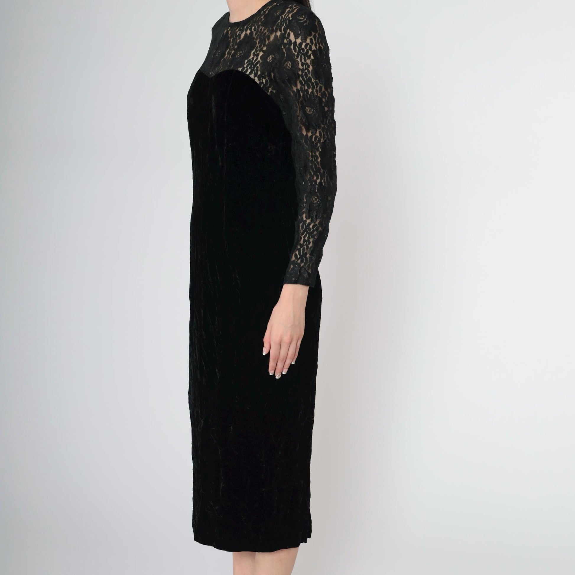 80s Depeche Black Velvet Midi Dress Lace Sleeves Sweetheart Neckline Small