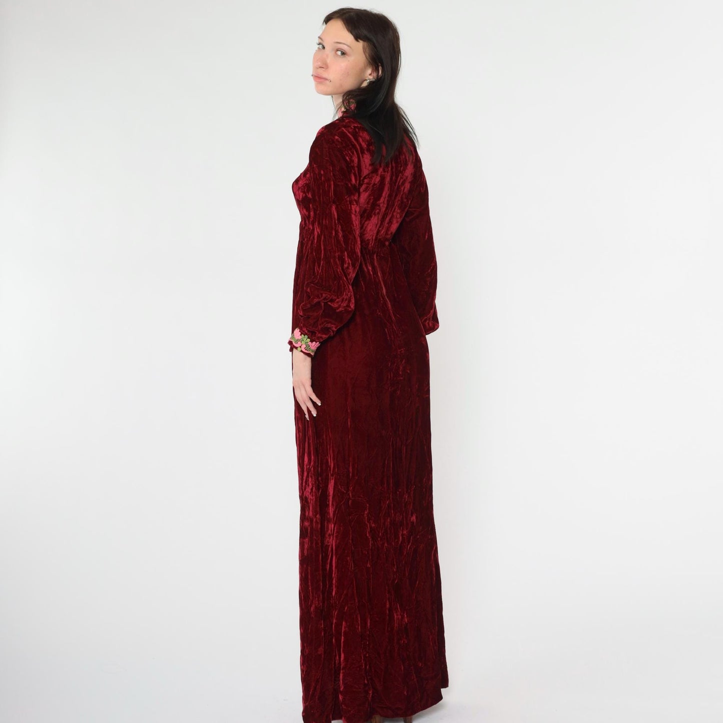 70s Red Velvet Maxi Dress Empire Waist Lace Long Sleeve Small