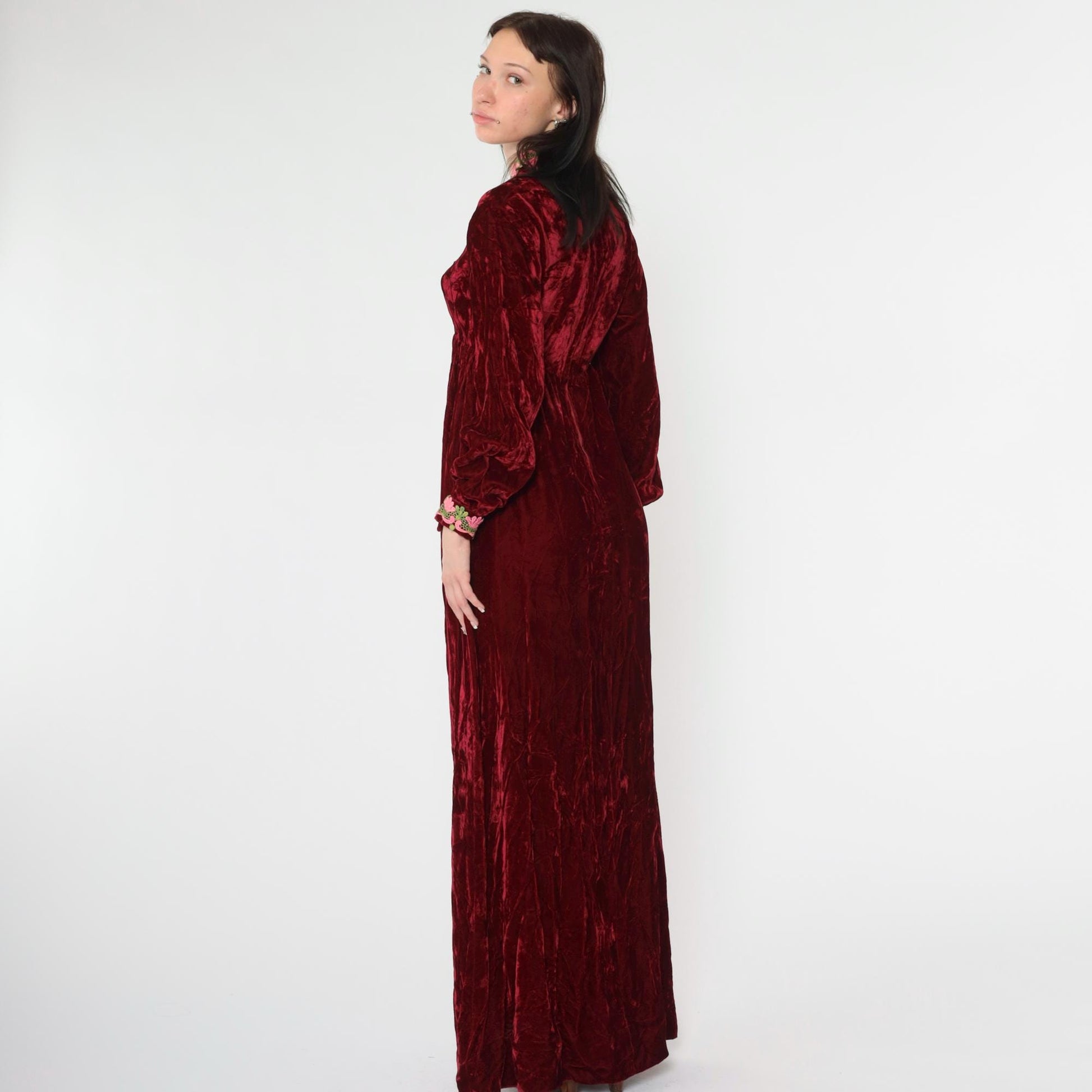 70s Red Velvet Maxi Dress Empire Waist Lace Long Sleeve Small