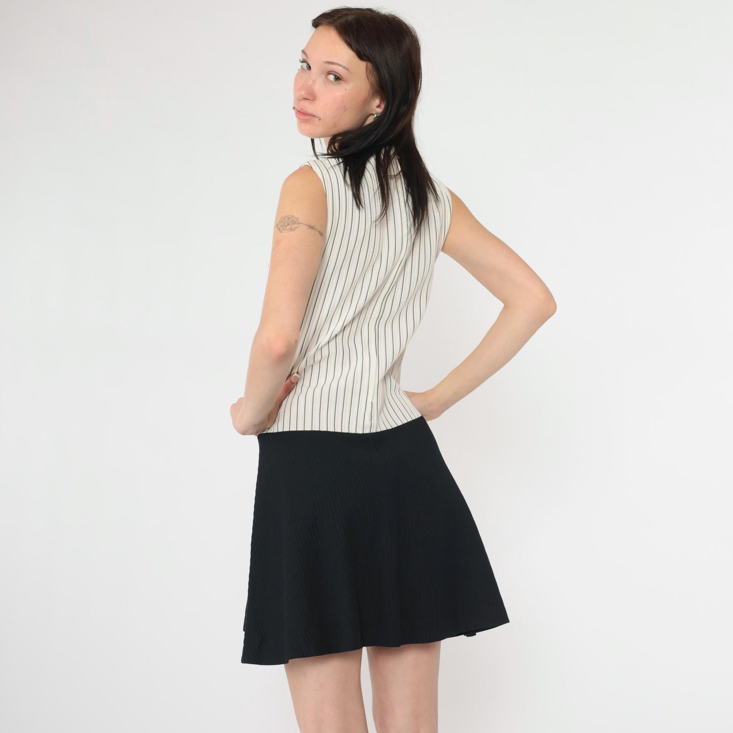 60s Mod Shift Dress Black White Striped Mini Drop Waist Sleeveless Extra Small