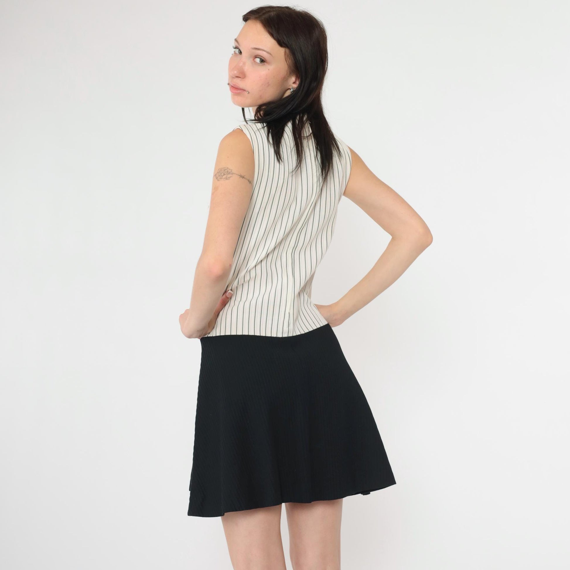 60s Mod Shift Dress Black White Striped Mini Drop Waist Sleeveless Extra Small