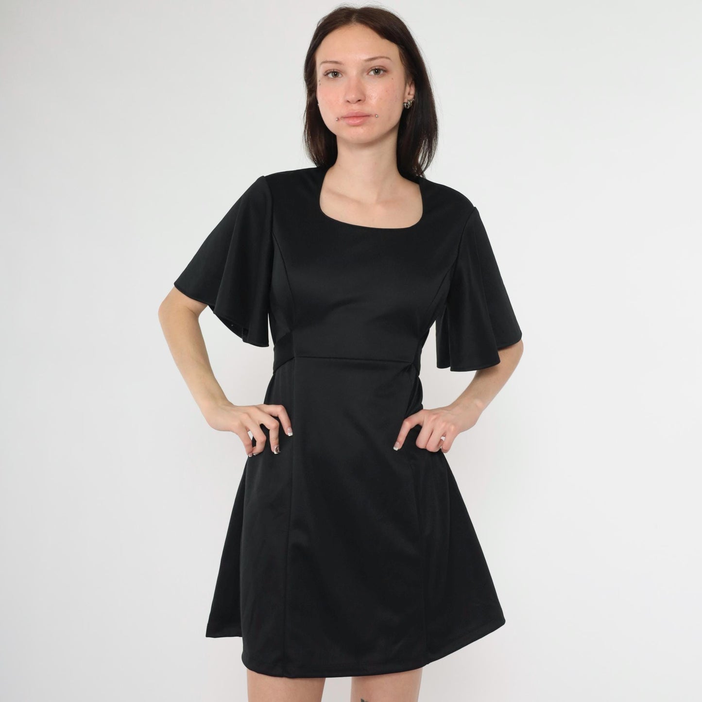Y2K Black Babydoll Mini Dress Flutter Sleeve Empire Waist Small 6