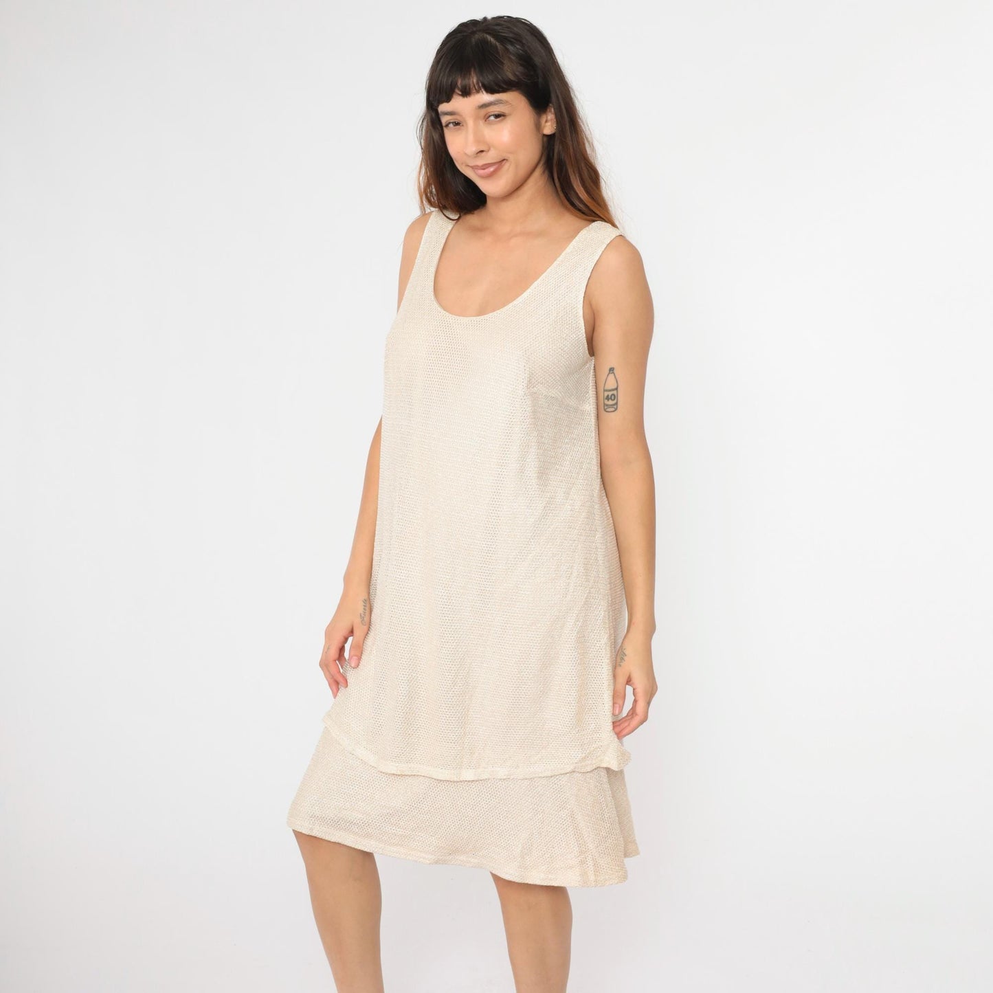 90s Onyx Nite Metallic Mesh Midi Dress Beige Sleeveless Tiered Large L