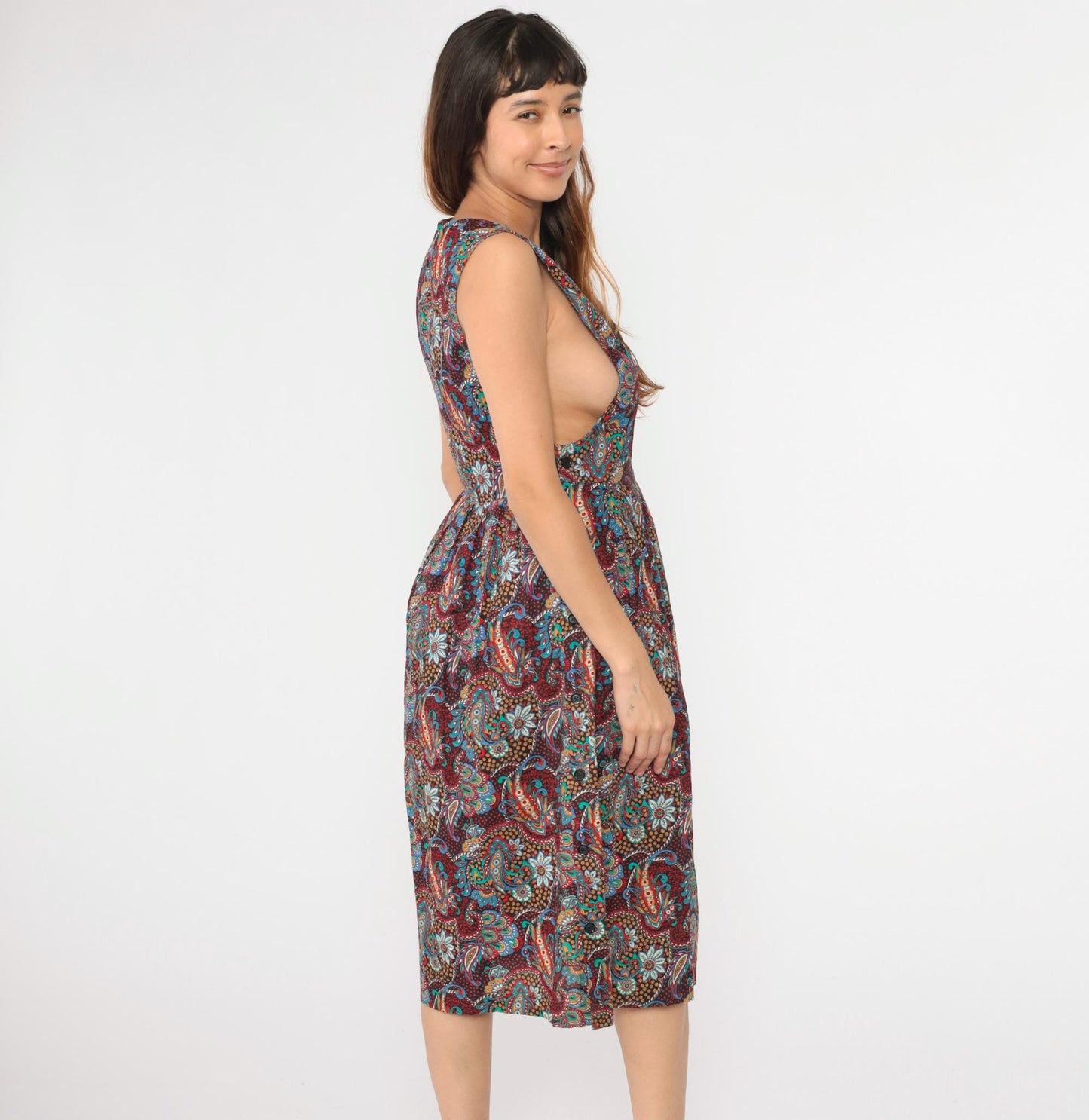 80s Paisley Cotton Midi Pinafore Dress Deep V Neck High Waist Small