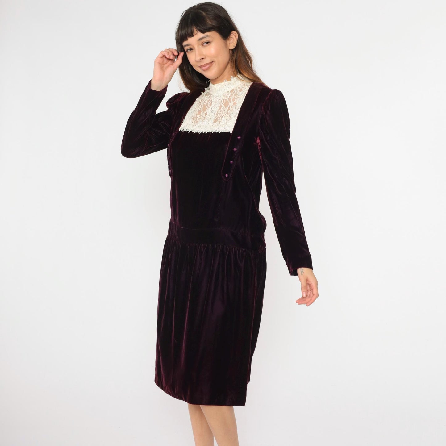 80s Jessica McClintock Purple Velvet Midi Dress Cream Lace High Neck Medium