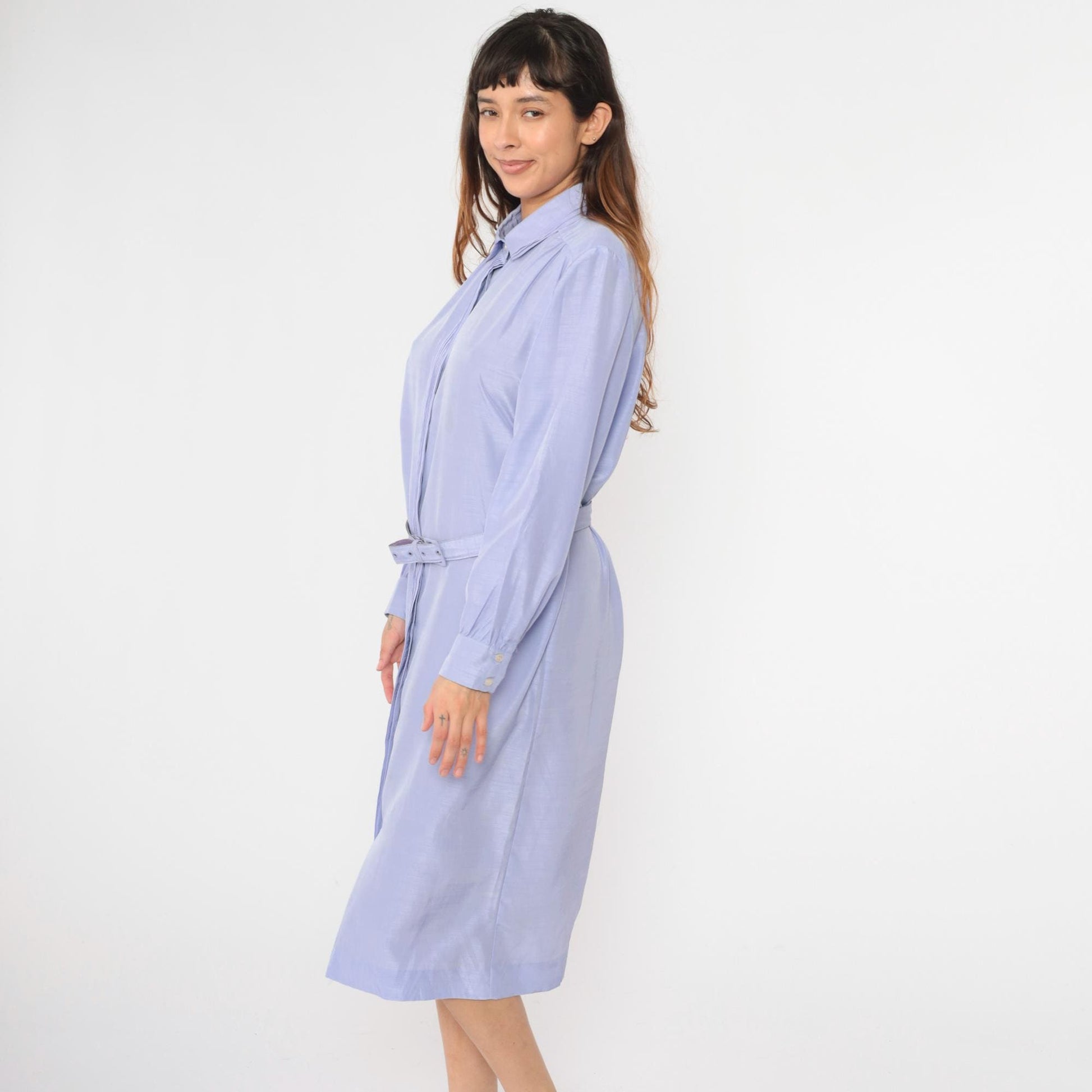 80s Lavender Shirt Dress Pleated Front Belted Midi Button Up Long Sleeve Extra Large XXL