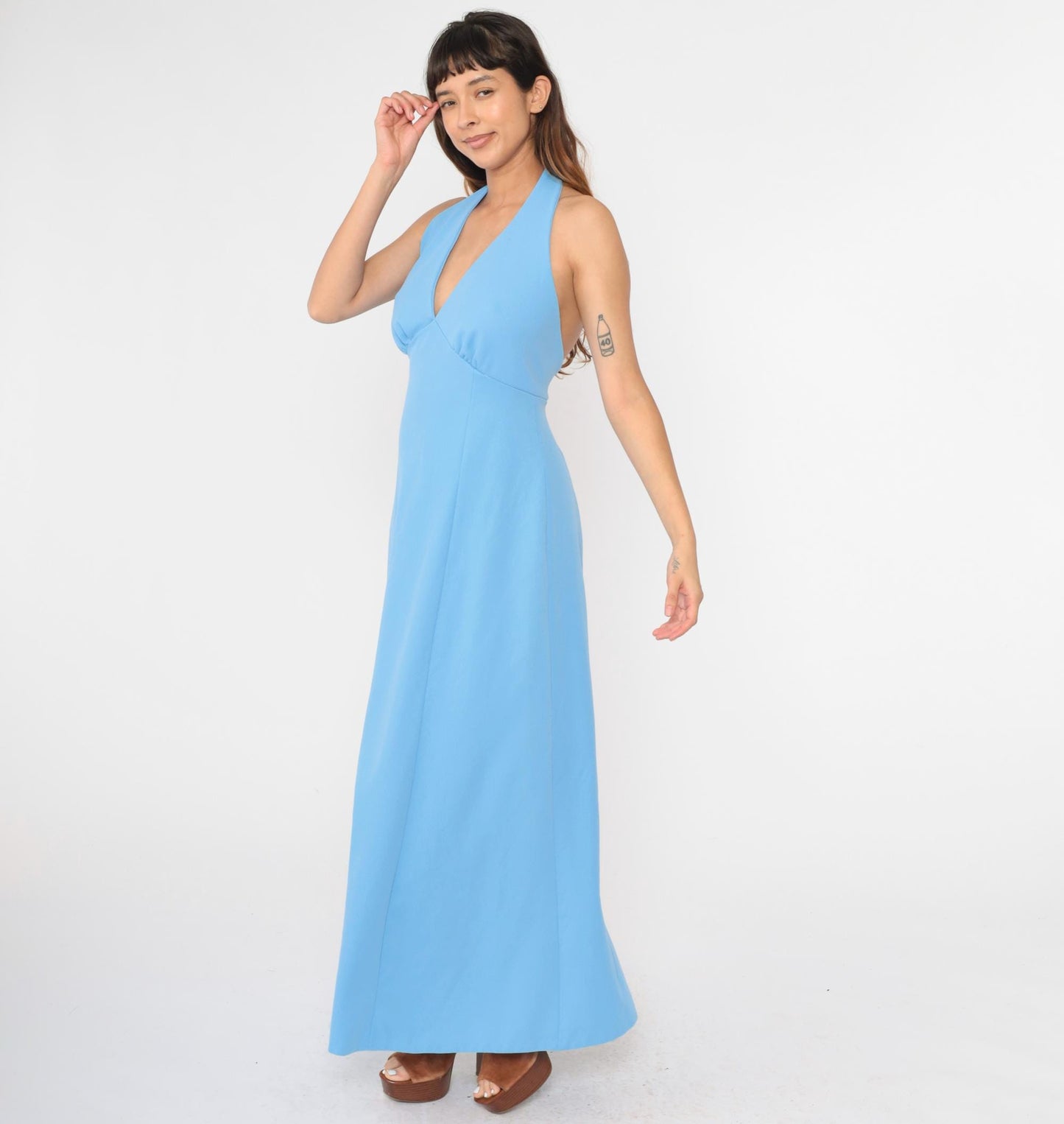 70s Blue Halter Maxi Dress Empire Waist Open Back Sleeveless Medium M