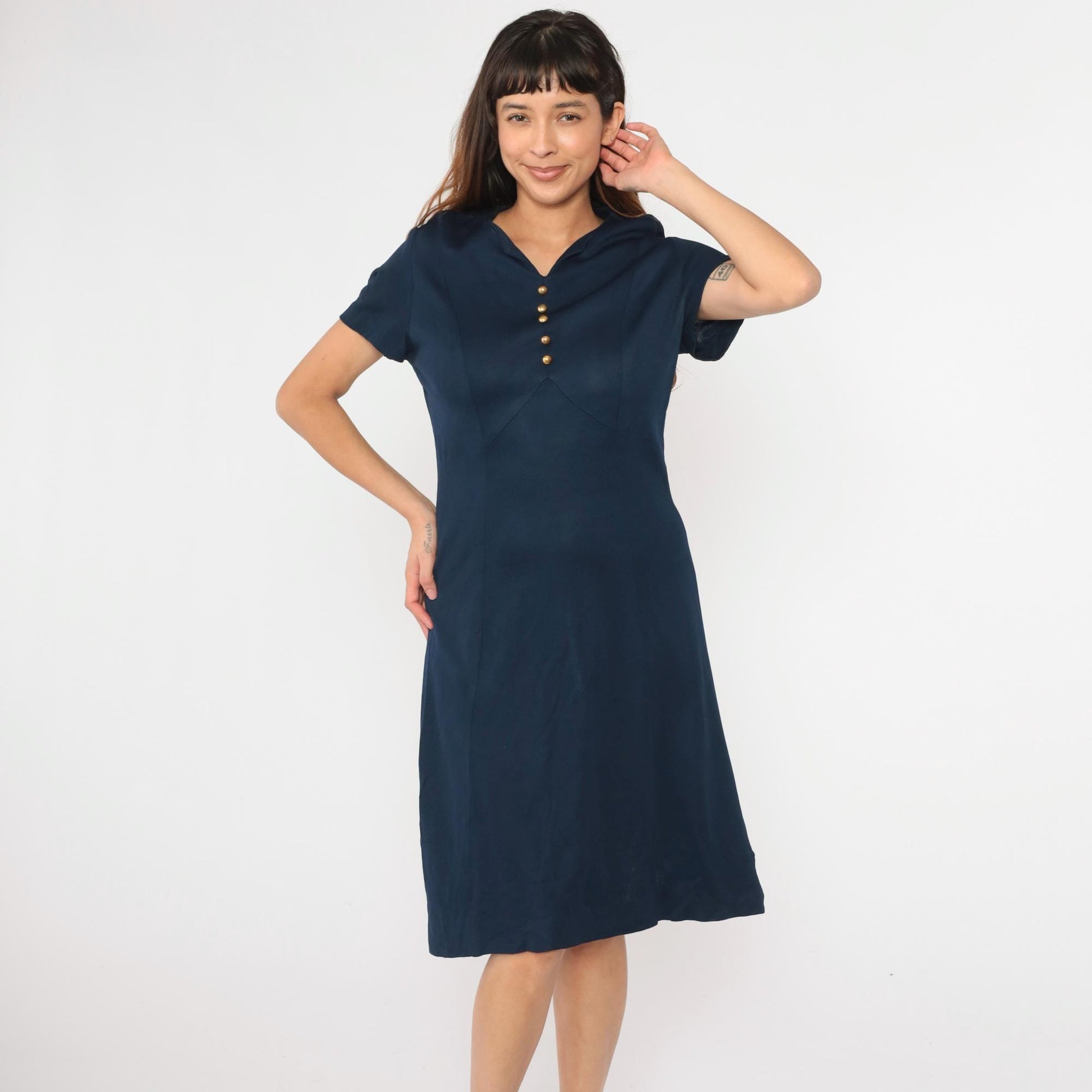 1960s Navy Shift Dress Midi Button Detail Short Sleeve Medium