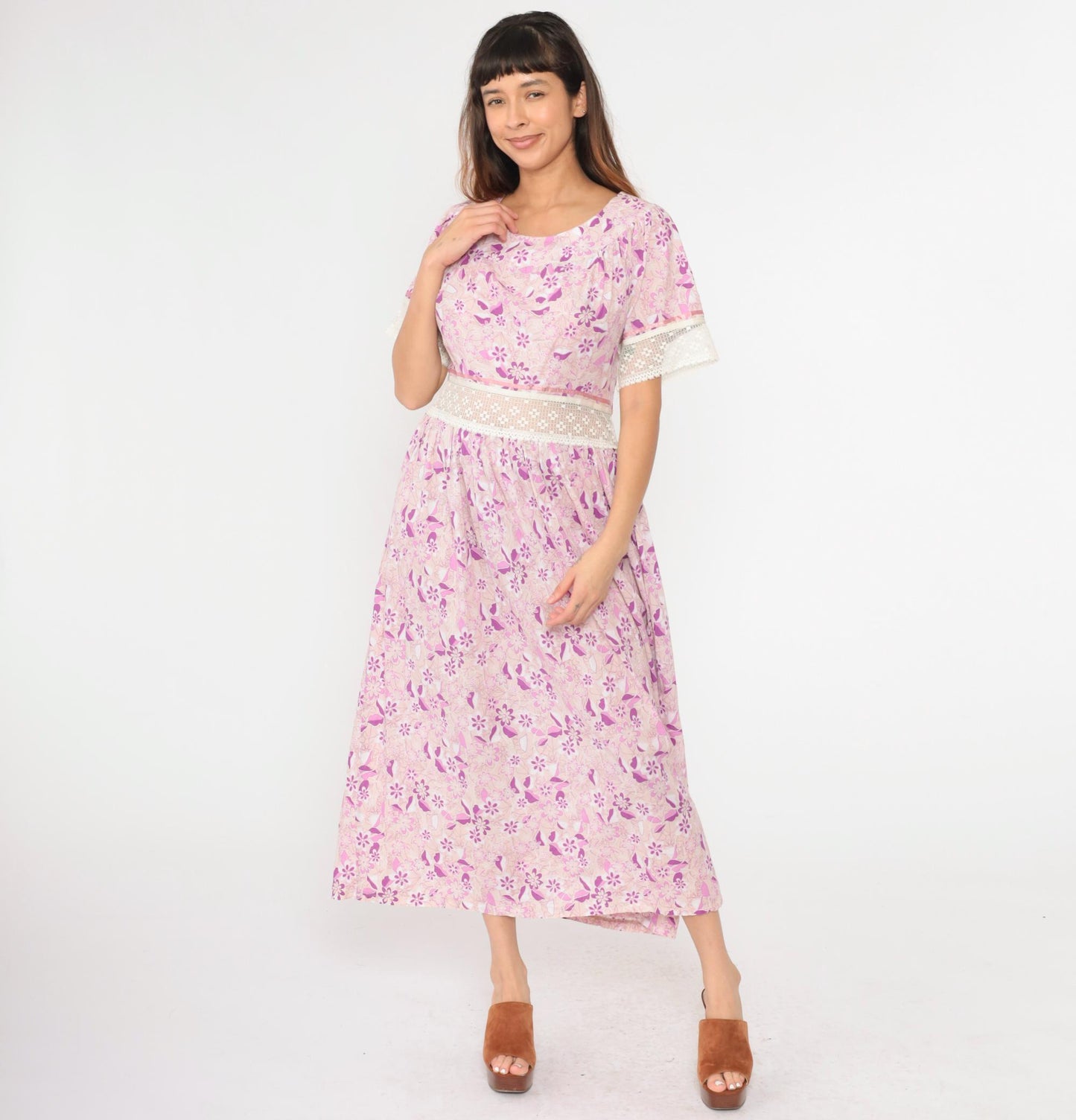 Y2K Floral Maxi Dress Purple Pink Lace Trim Short Sleeve Large