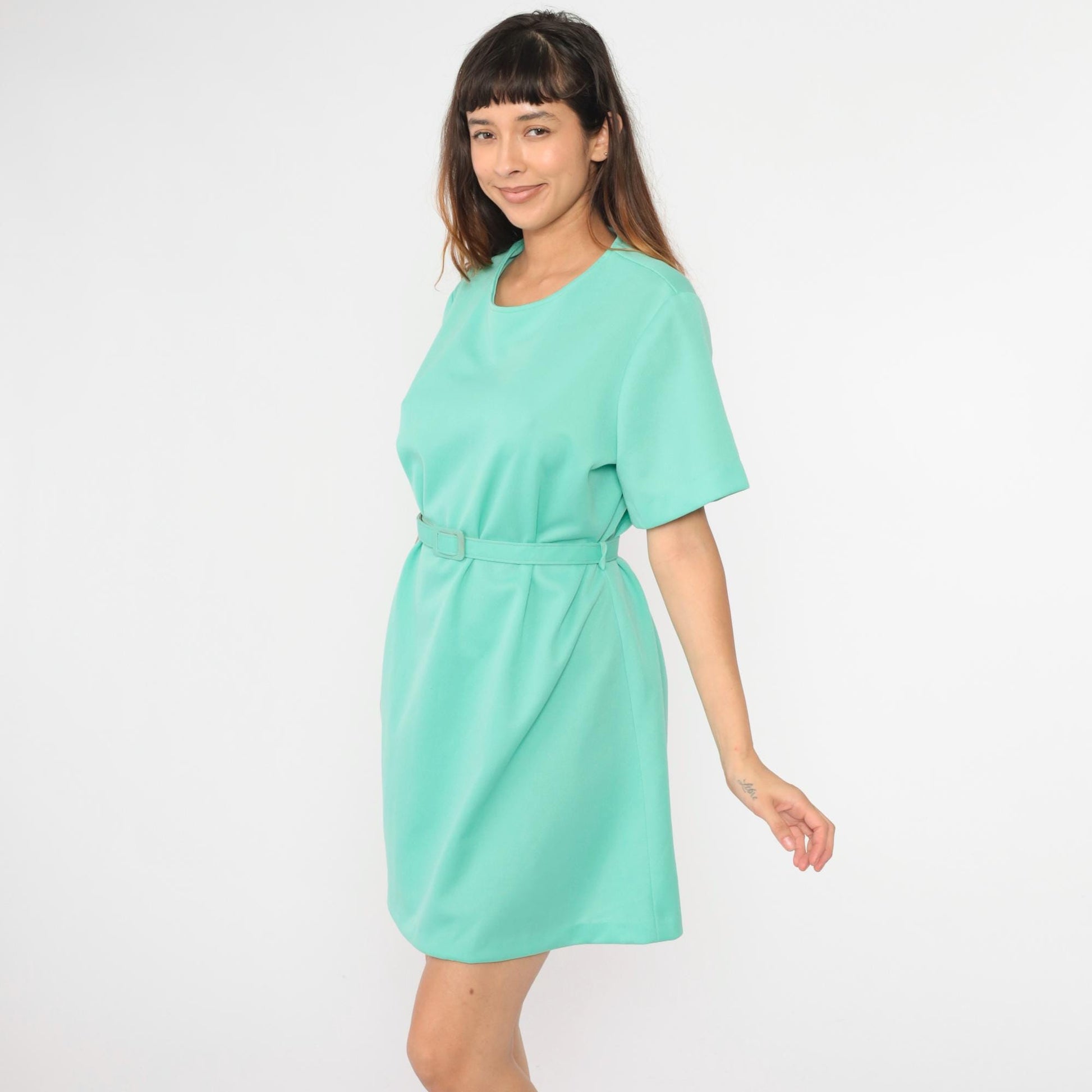 1970s Mint Green Shift Mini Dress Short Sleeve Belt XXL