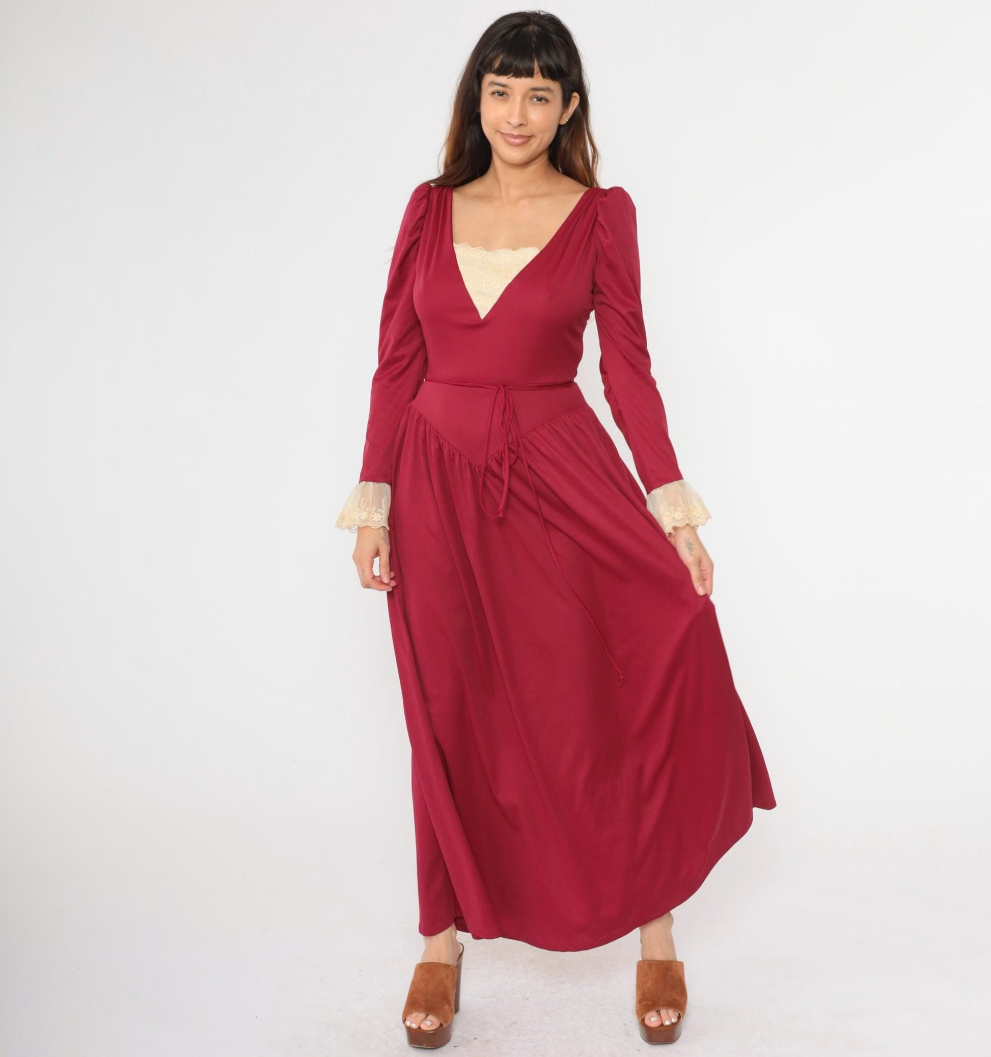 70s Bianchi Raspberry Maxi Dress Puff Sleeve Lace Trim High Waist Small