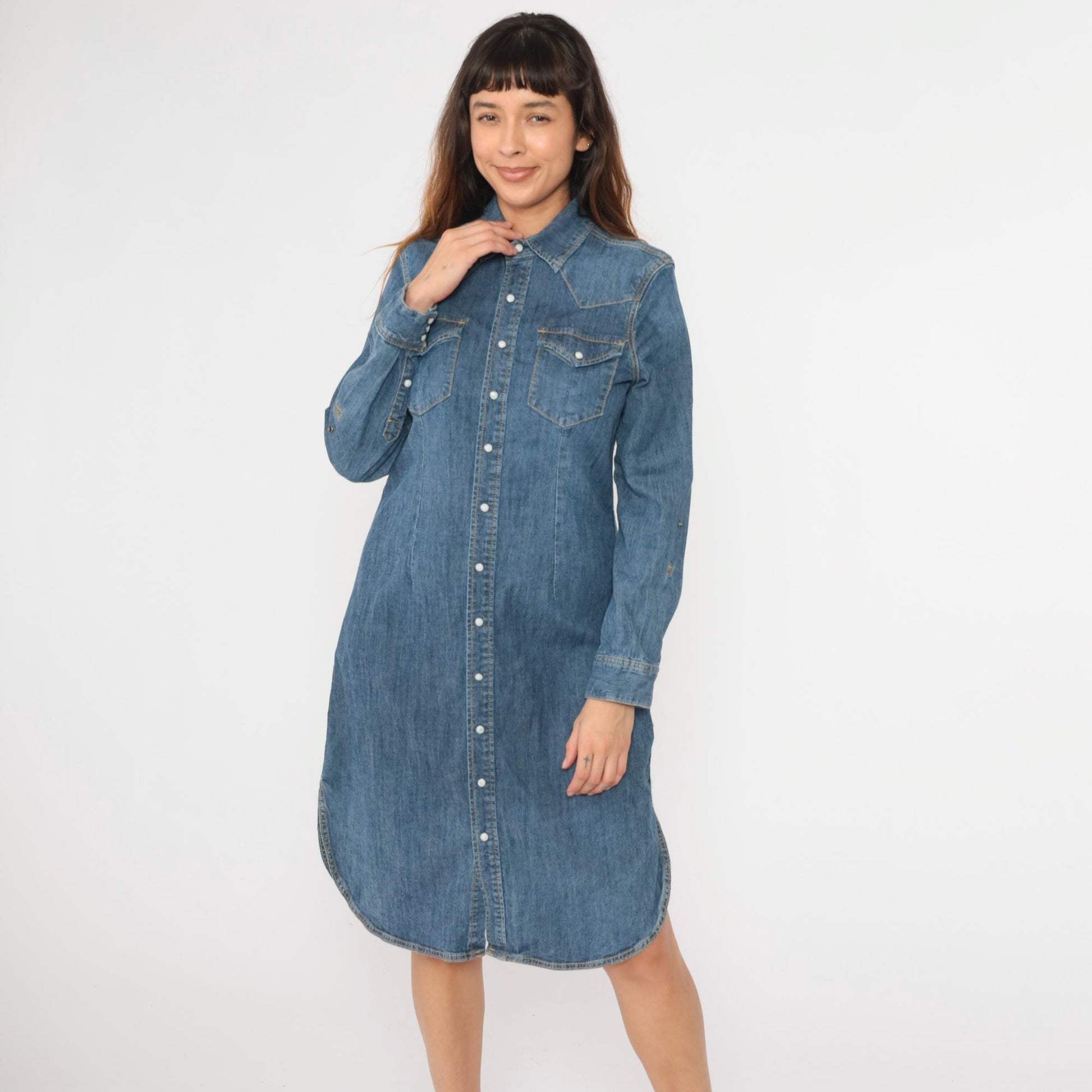 00s Reba Denim Midi Dress Pearl Snap Button-Up Sheath Blue Cotton Medium