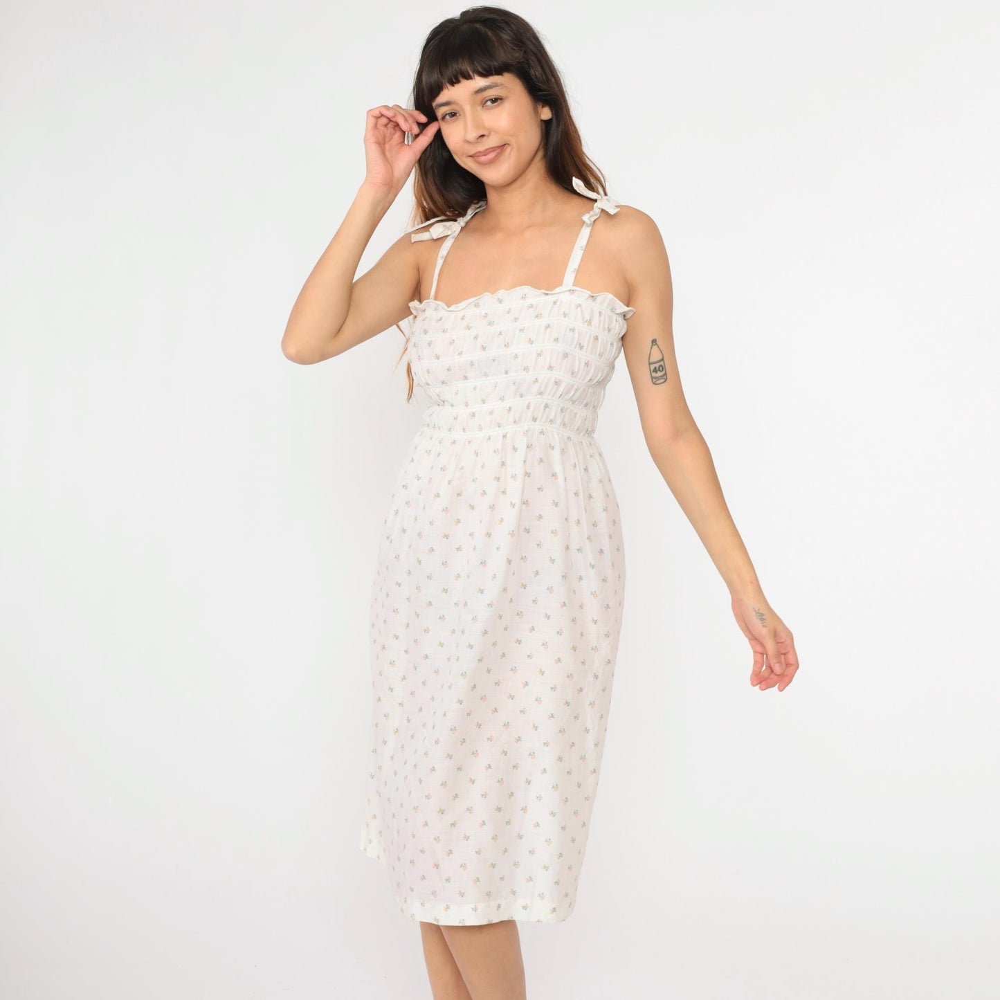 70s Floral Calico Sundress White Smocked Spaghetti Strap Midi Small