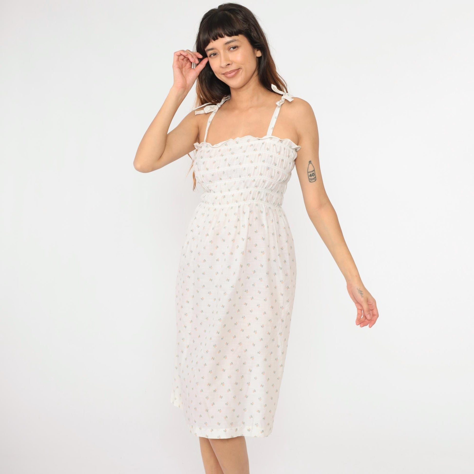 70s Floral Calico Sundress White Smocked Spaghetti Strap Midi Small