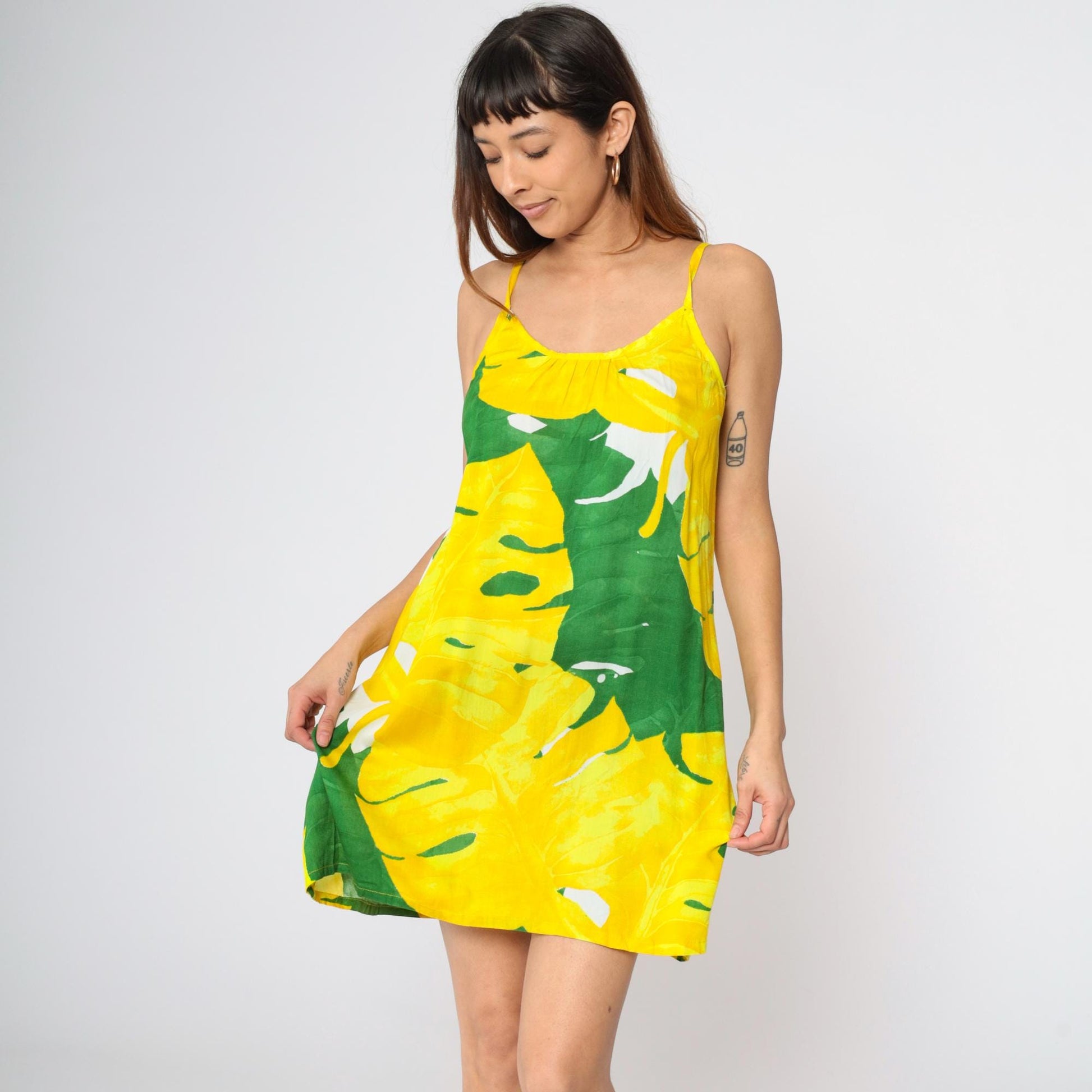 Y2K Tropical Leaf Print Mini Dress Yellow Green Spaghetti Strap Small