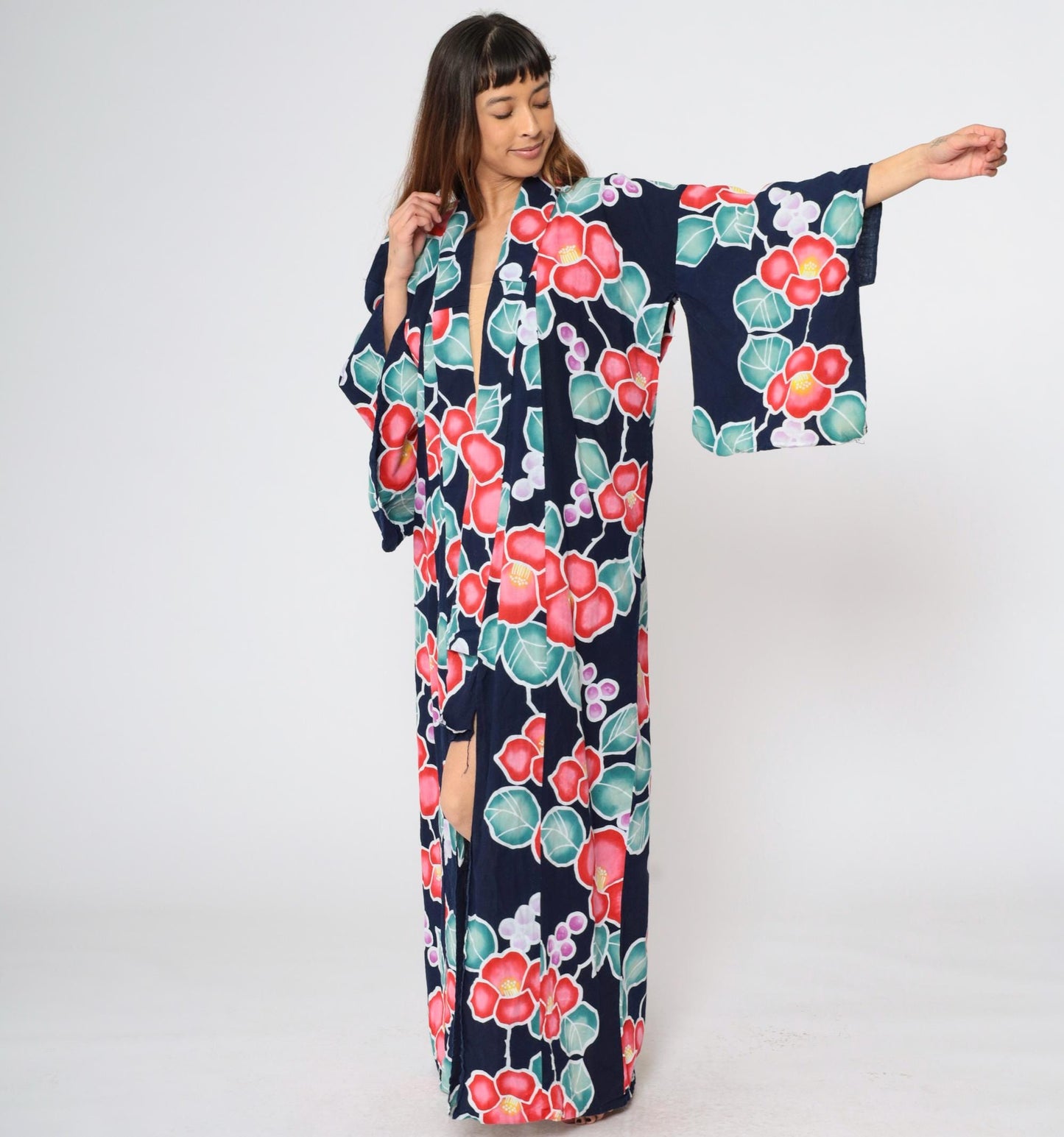 Y2K Japanese Floral Kimono Navy Blue Maxi Robe Open Front Small Medium Large