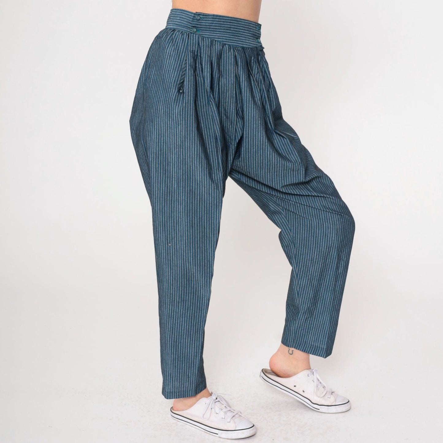 80s Parachute Pants Blue Grey Pinstripe High Waist Pleated Tapered Small