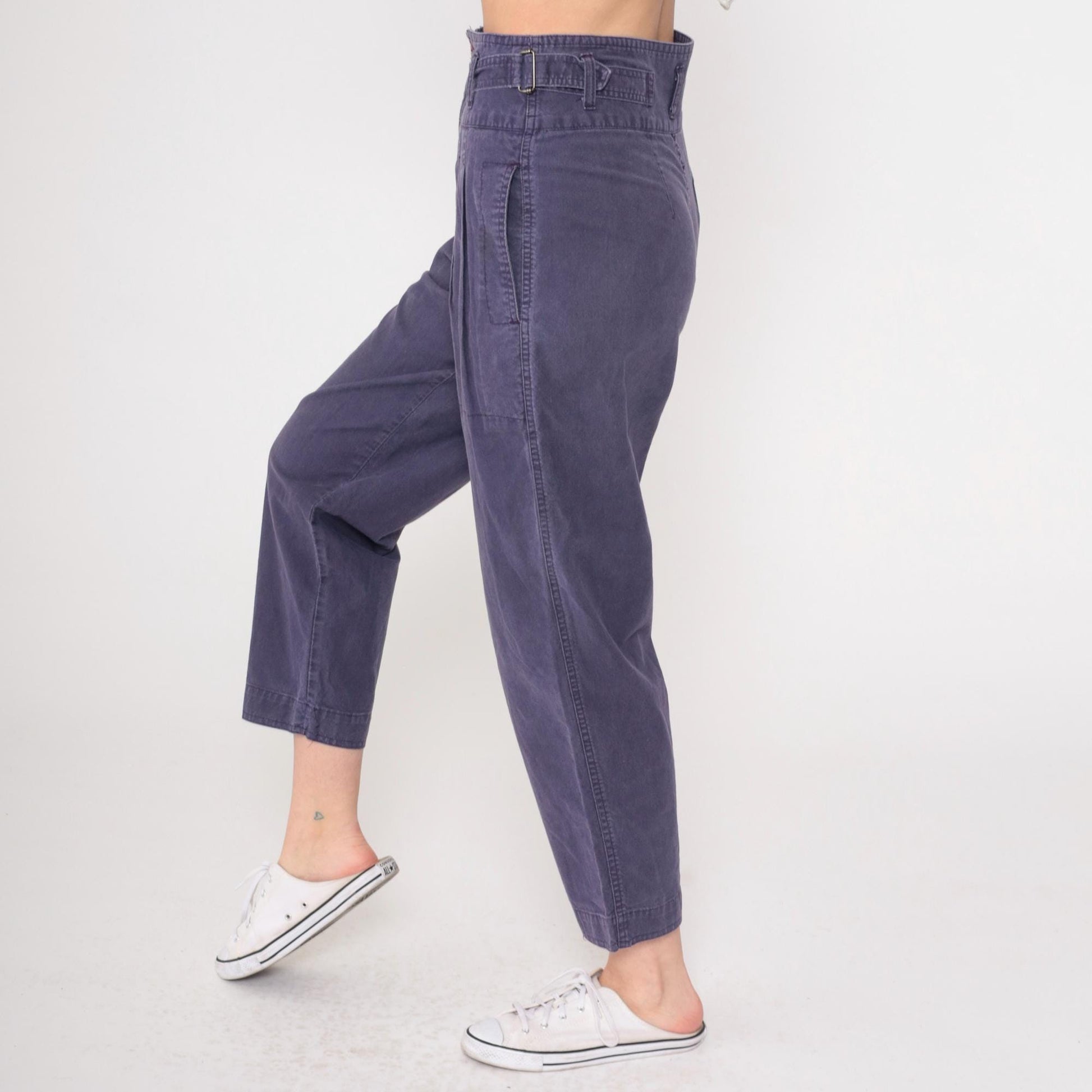 80s Purple High-Waisted Pleated Tapered Trousers Cotton Small 7