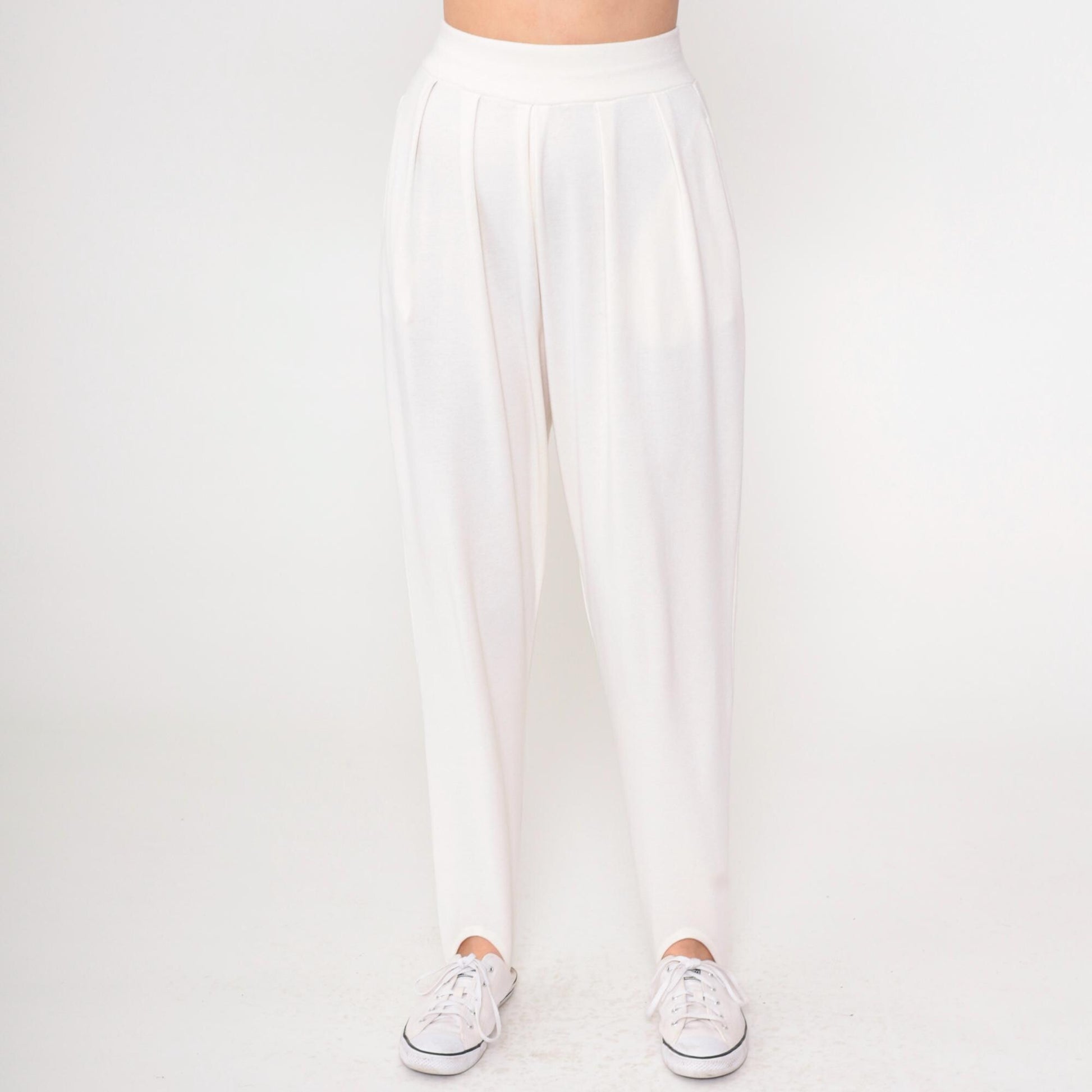 90s White Stirrup Pants High Waisted Pleated Tapered Leg Small