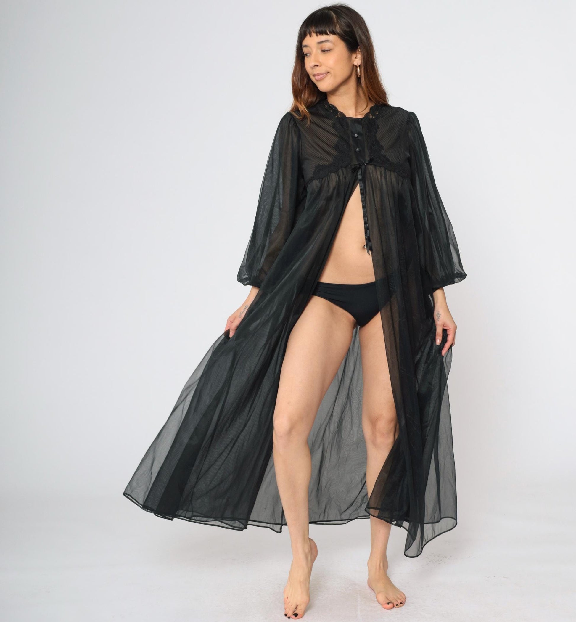70s Gossard Artemis Black Nylon Lingerie Robe Lace Trim Maxi Medium