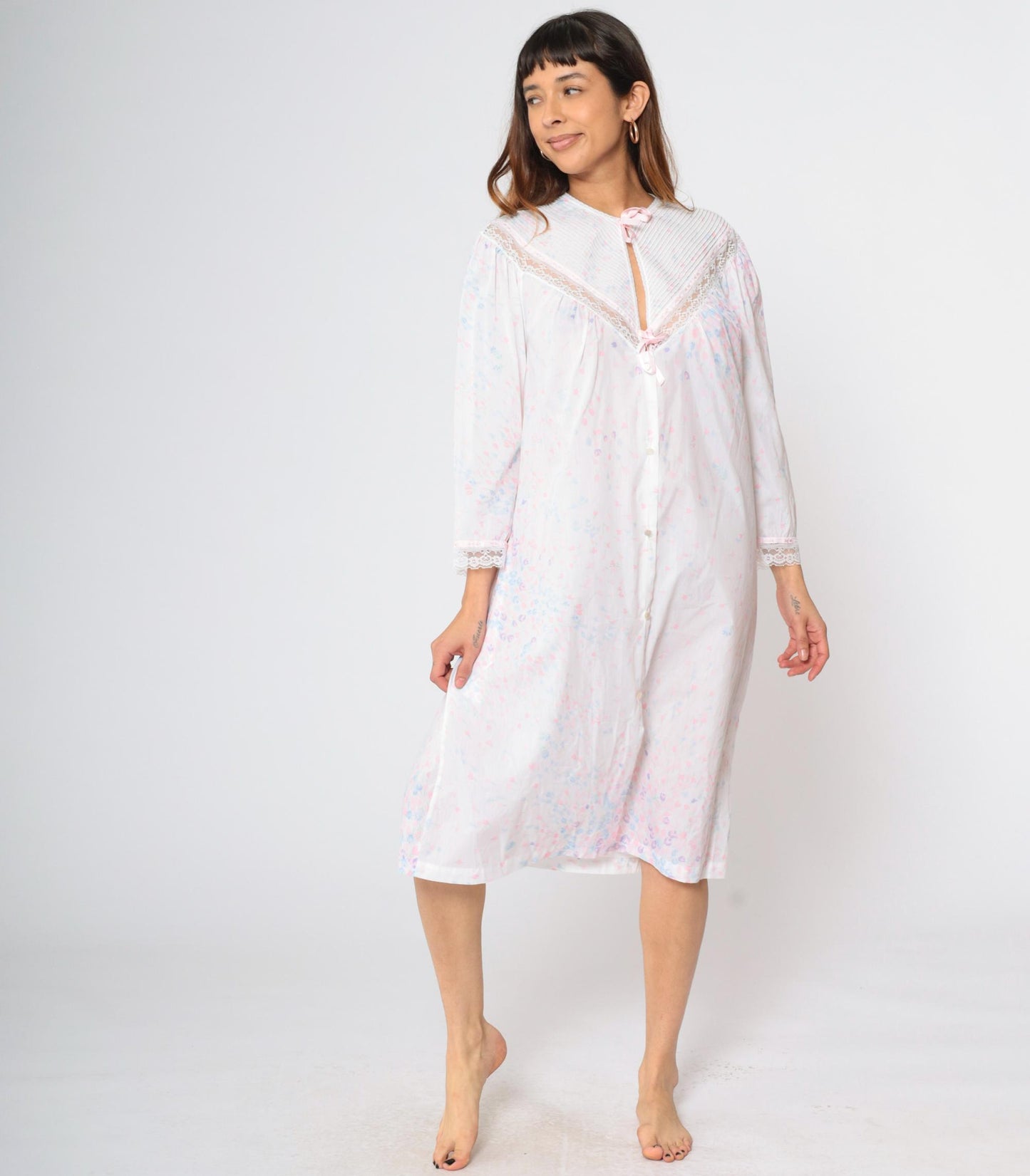 80s Barbizon Floral Button-Up Nightgown Pastel Pink Lace Trim Midi Large L