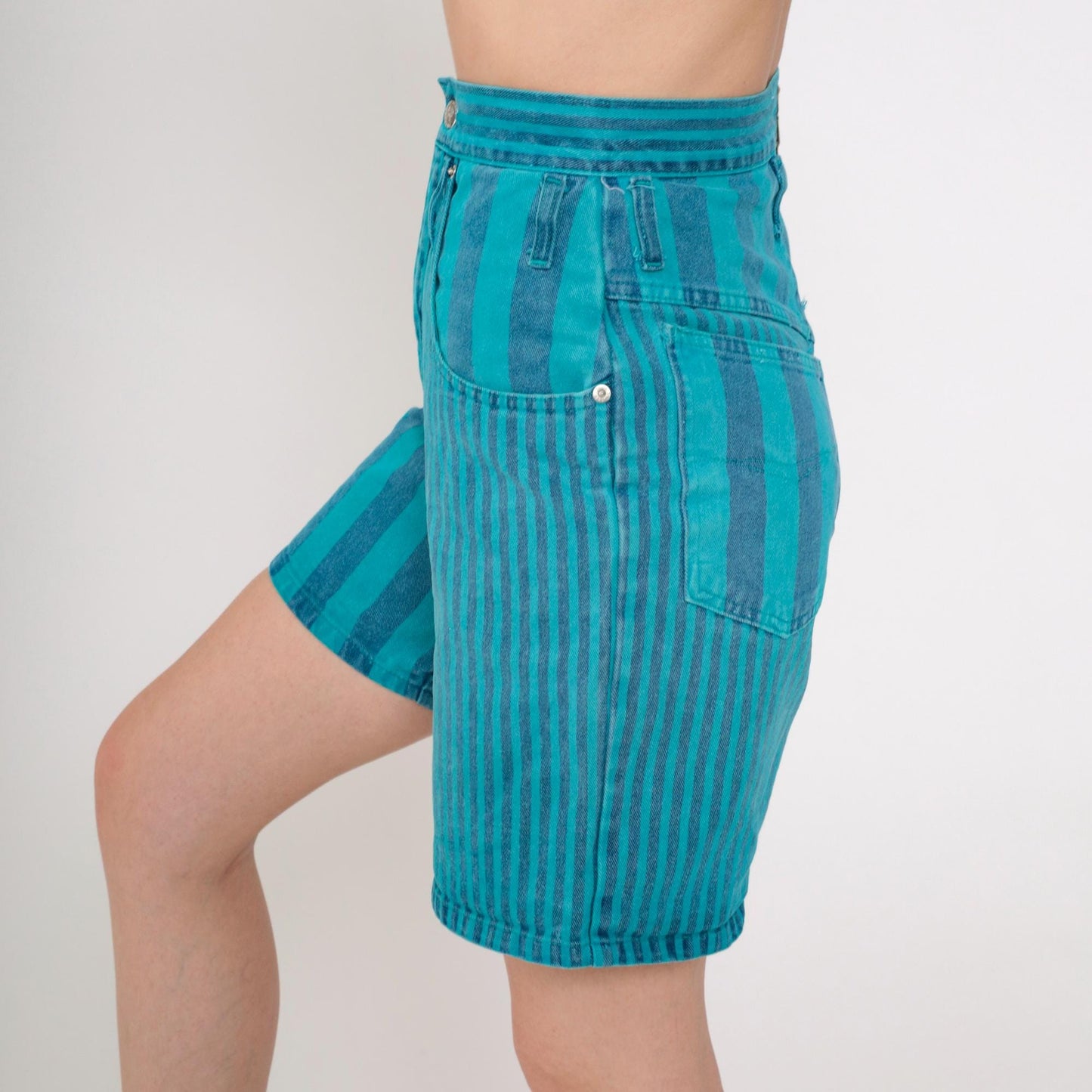 90s Swagger Jeans Striped Denim Shorts High Rise Turquoise Blue Extra Small