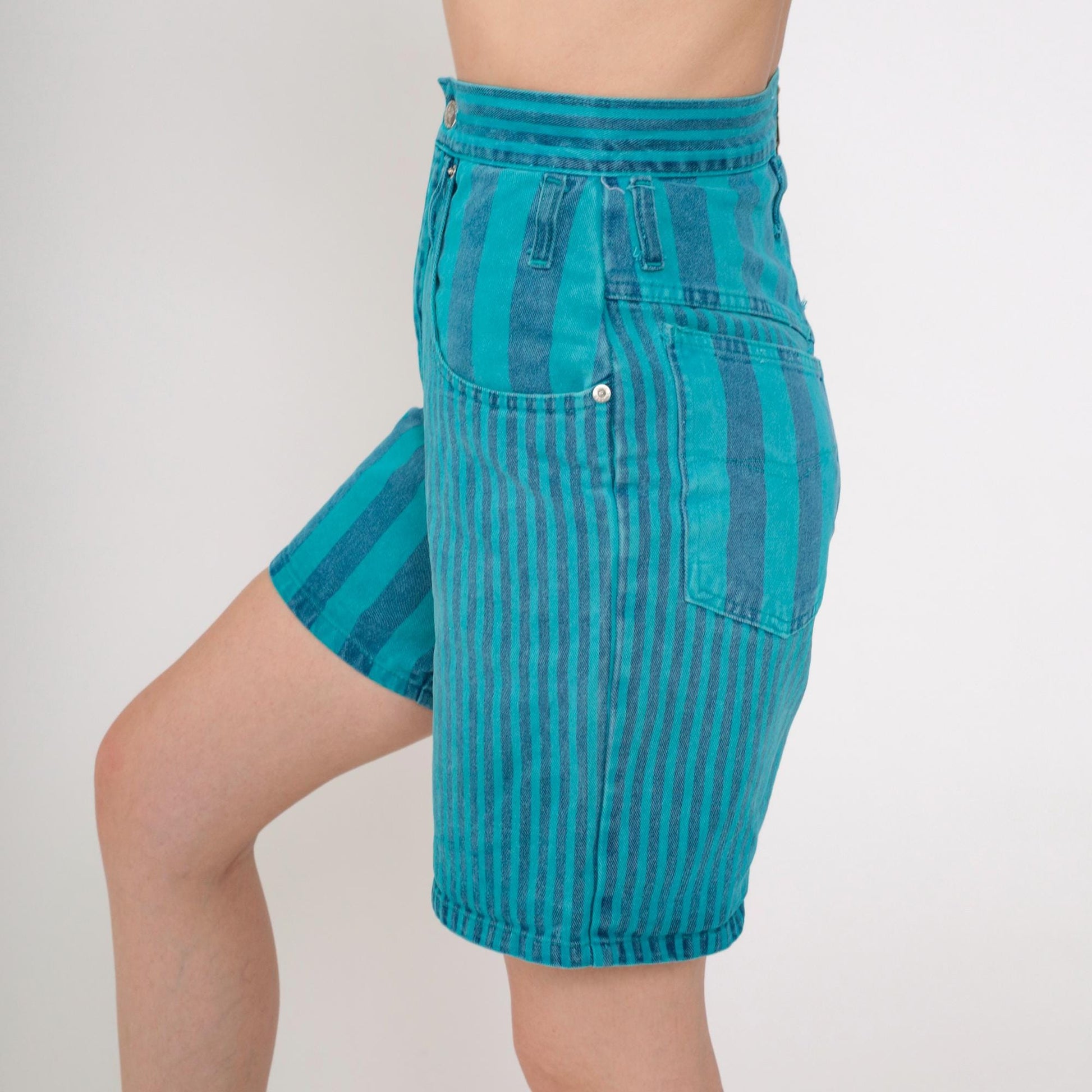 90s Swagger Jeans Striped Denim Shorts High Rise Turquoise Blue Extra Small