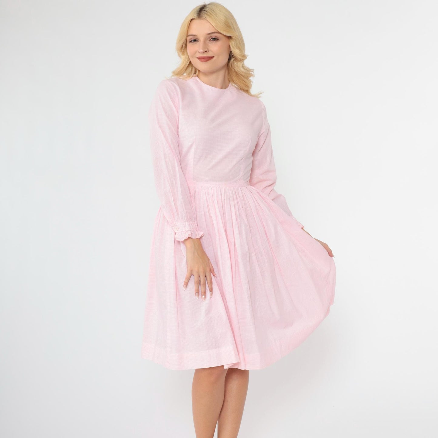 1960s Pink Checkered Dress High Waist Ruffled Long Sleeve Knee Length Extra Small