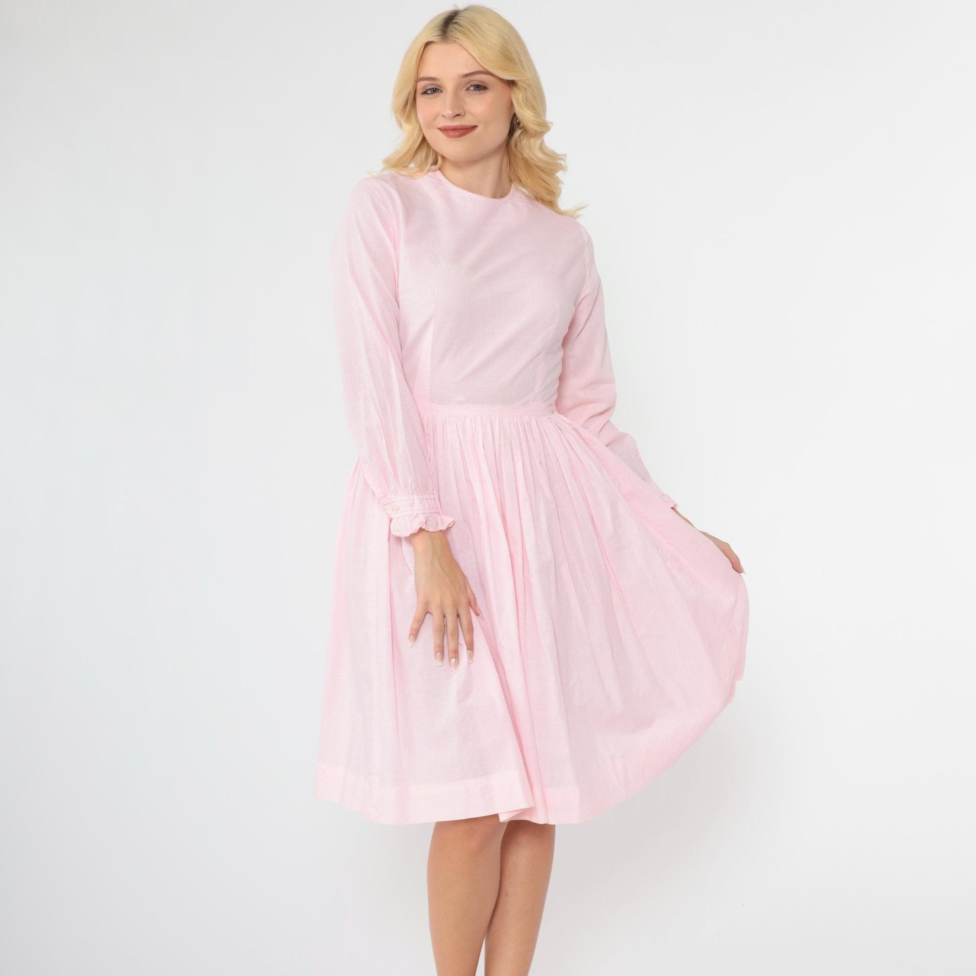1960s Pink Checkered Dress High Waist Ruffled Long Sleeve Knee Length Extra Small