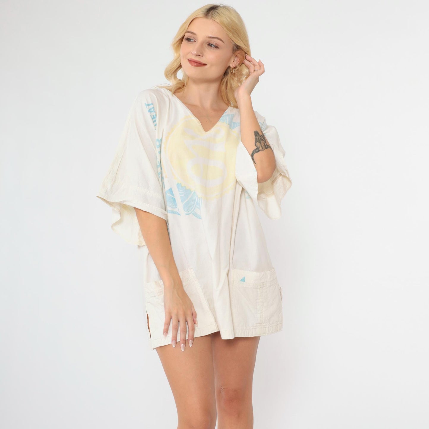 70s Brackman-Ker Milling Co Flour Sack Tunic Bell Sleeve V-Neck White Medium Large