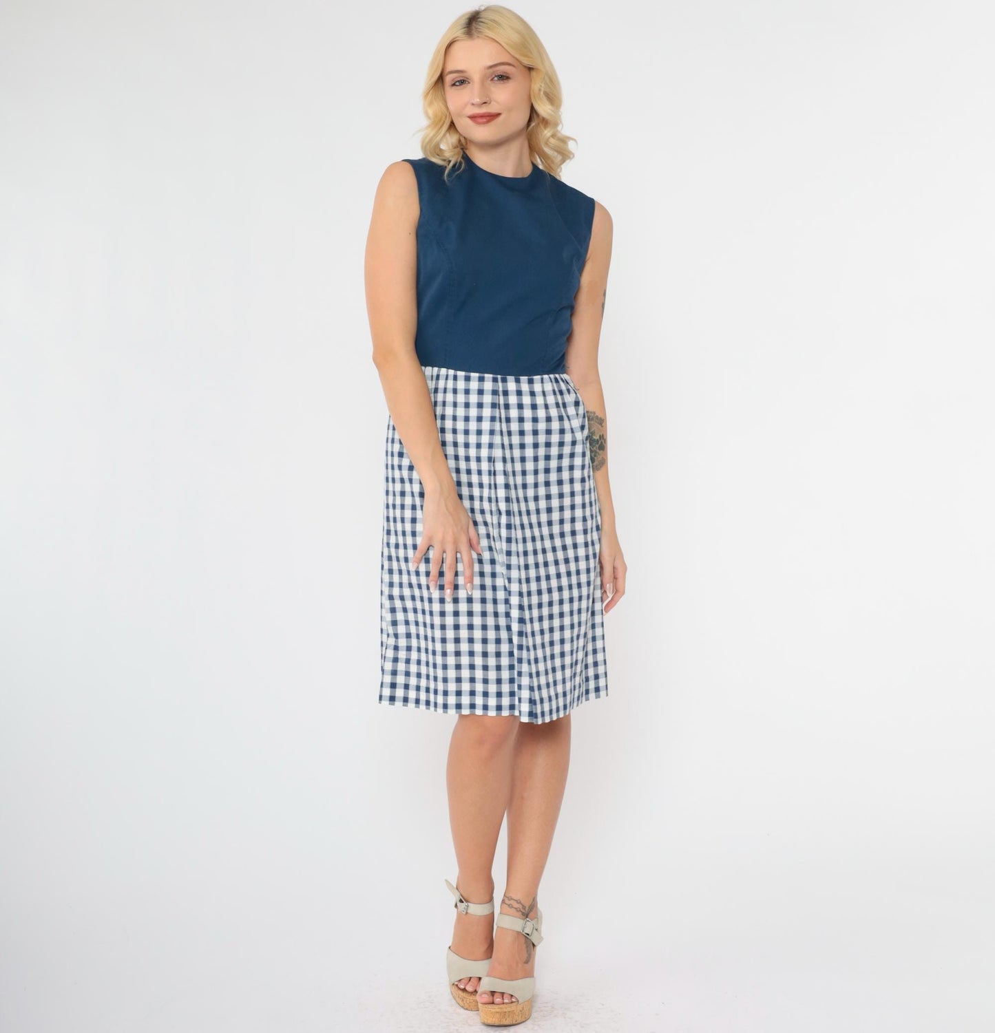1960s Gingham Mini Dress Dark Blue High Waist Sleeveless Pleated Extra Small
