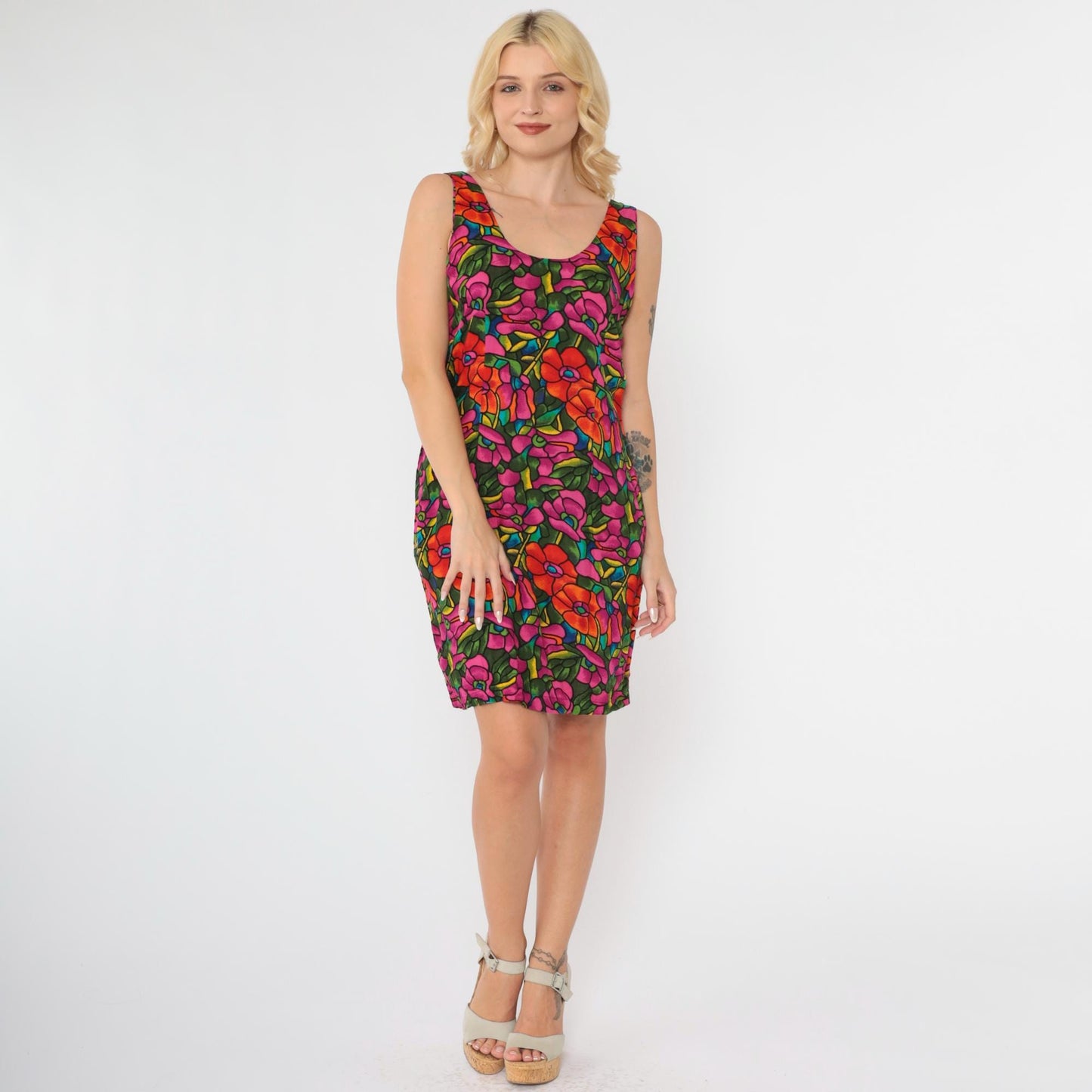 90s Floral Mini Dress V Back Sheath Red Magenta Rayon Sleeveless Medium 8