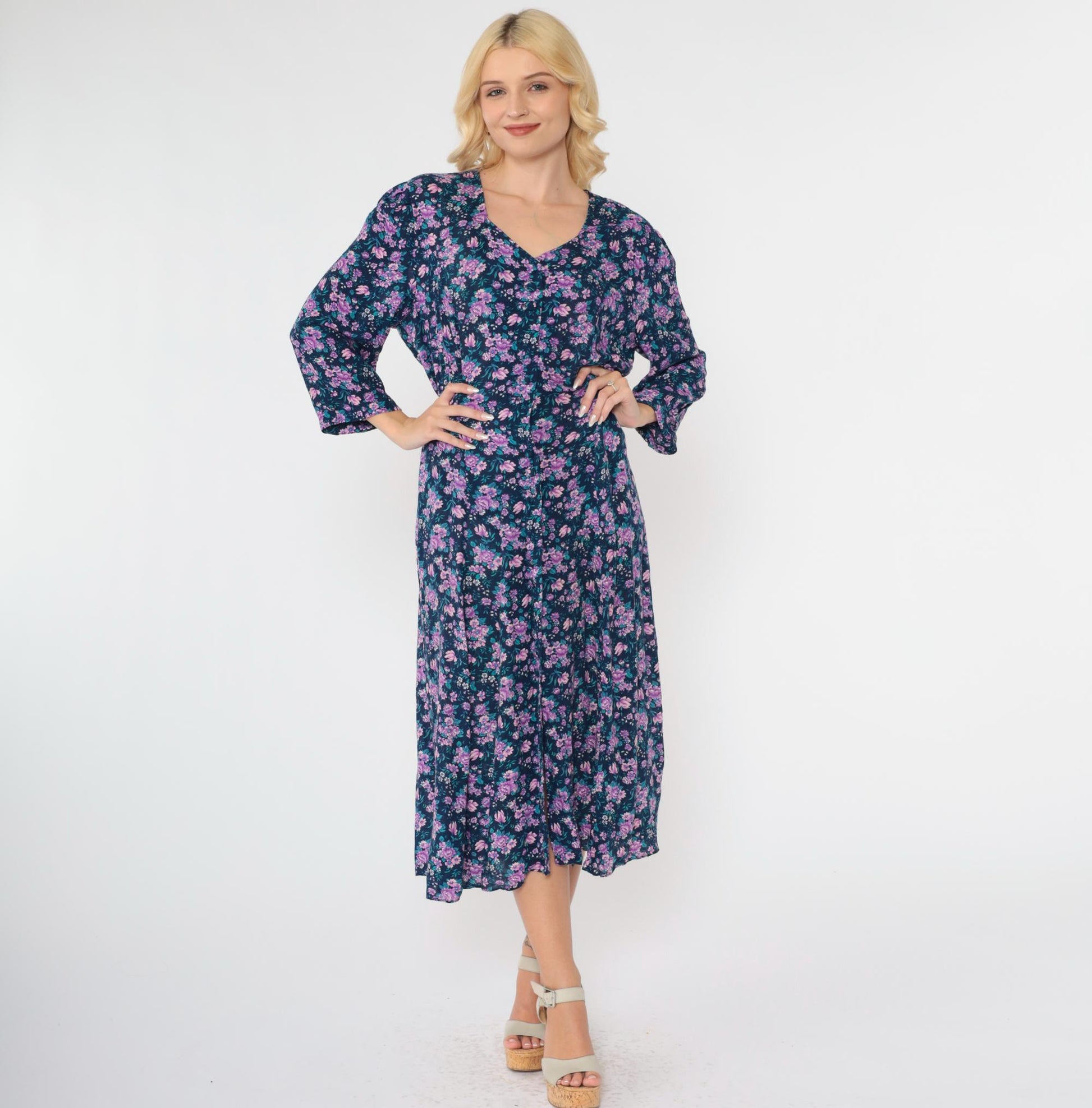 90s Purple Blue Floral Midi Dress Button Up Long Sleeve Large