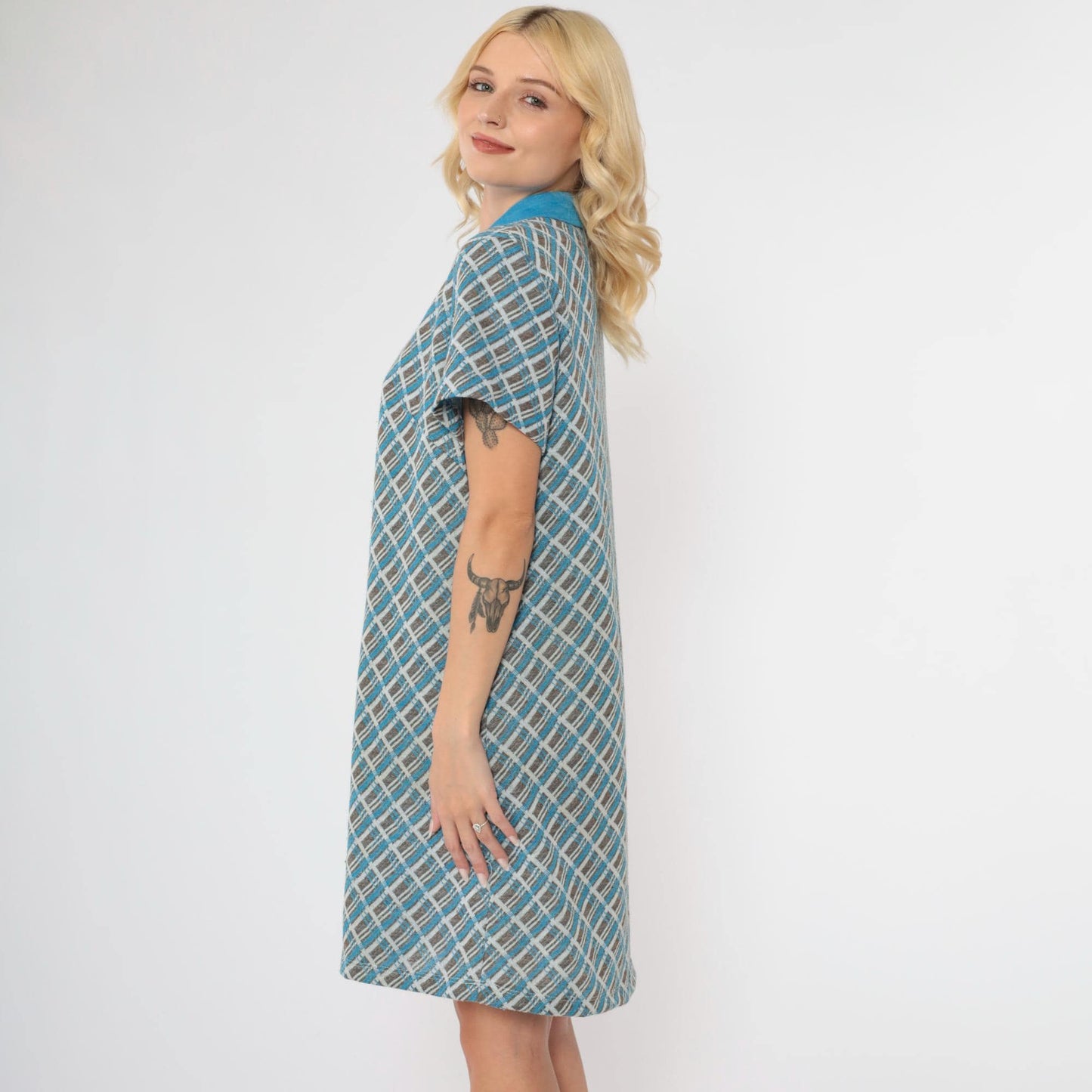 70s Plaid Shift Dress Mini Blue Brown Checkered Front Zip Collar Extra Large