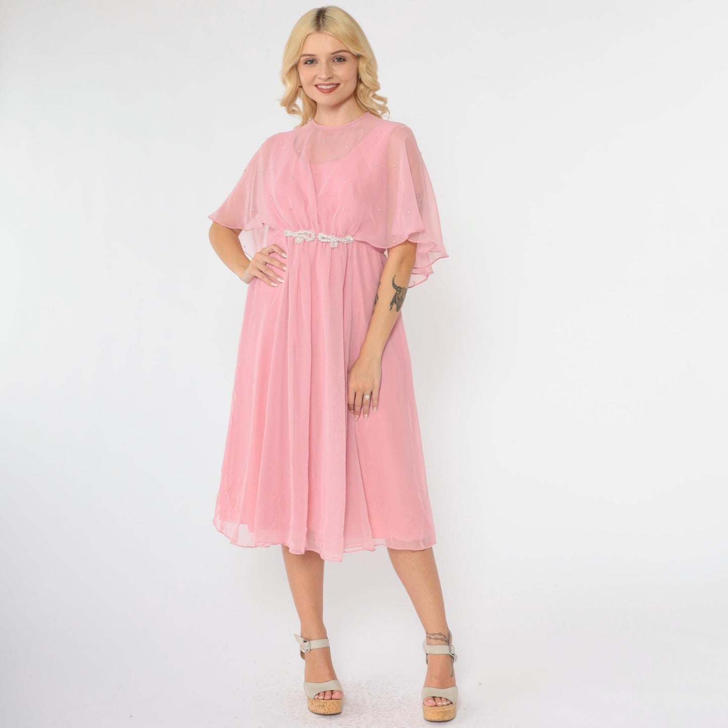 70s Pink Chiffon Midi Dress Pearl Beaded Capelet Flutter Sleeve Medium