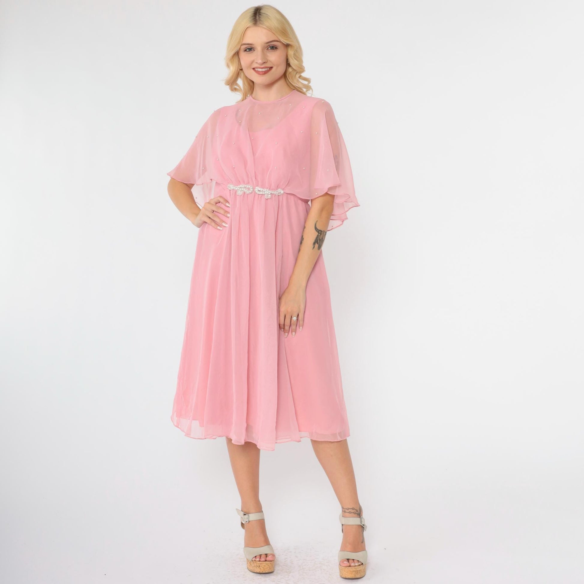 70s Pink Chiffon Midi Dress Pearl Beaded Capelet Flutter Sleeve Medium