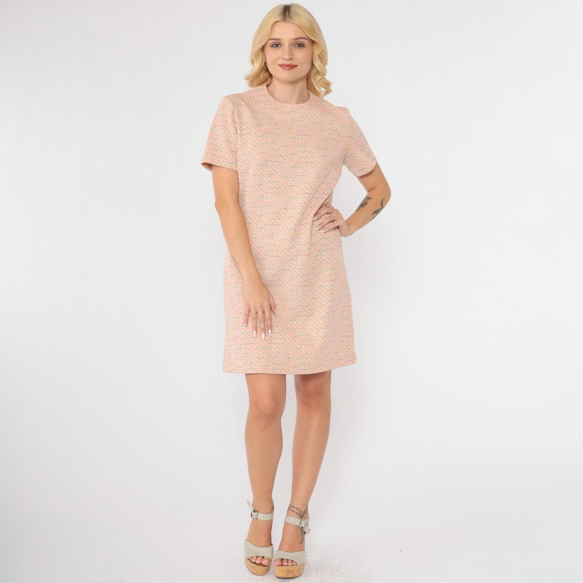 60s Mod Mini Shift Dress Orange Micro Dot Print White Polyester Small Medium