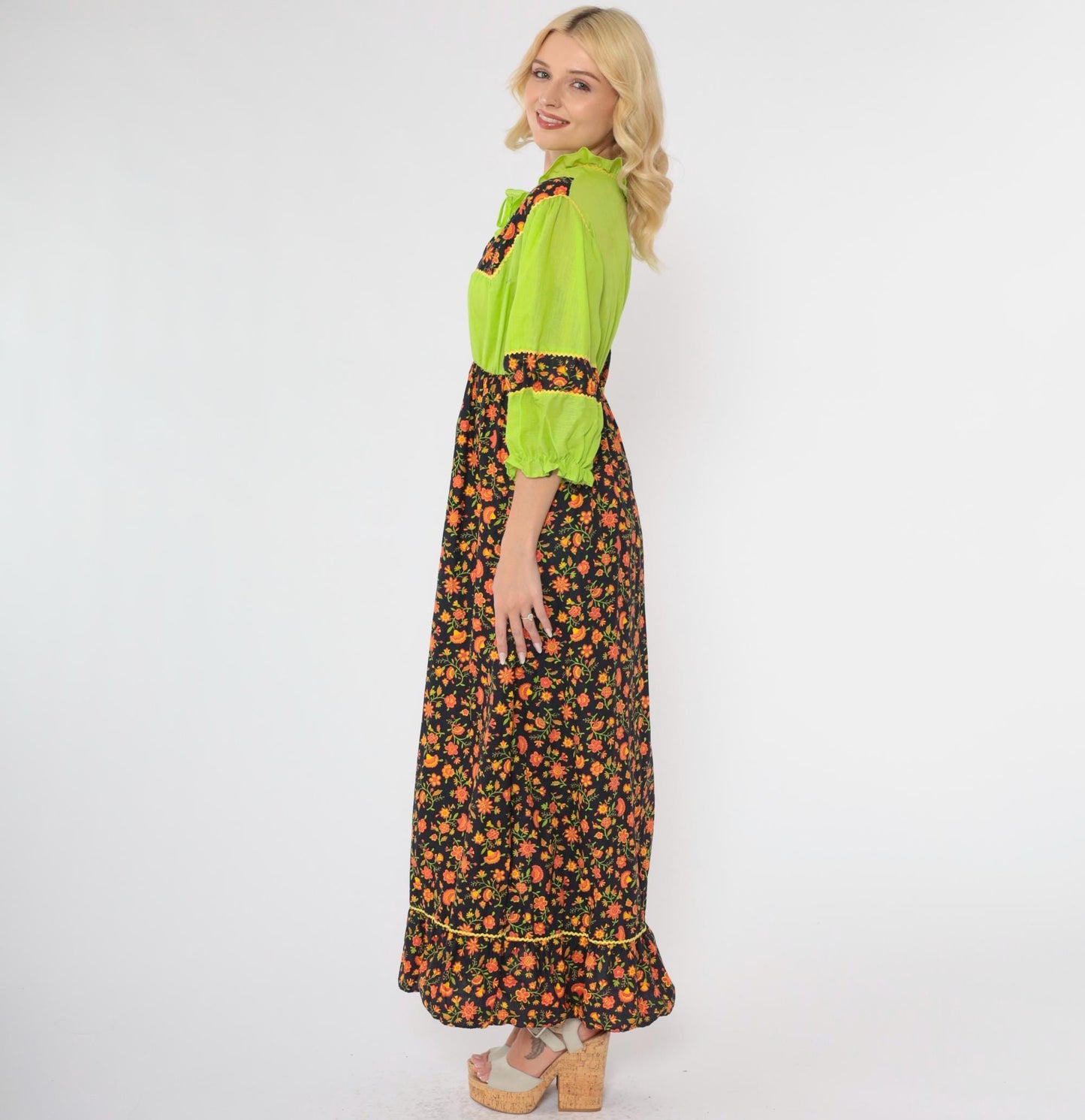 70s Floral Maxi Dress Lime Green Black Orange Puff Sleeve High Waist Small