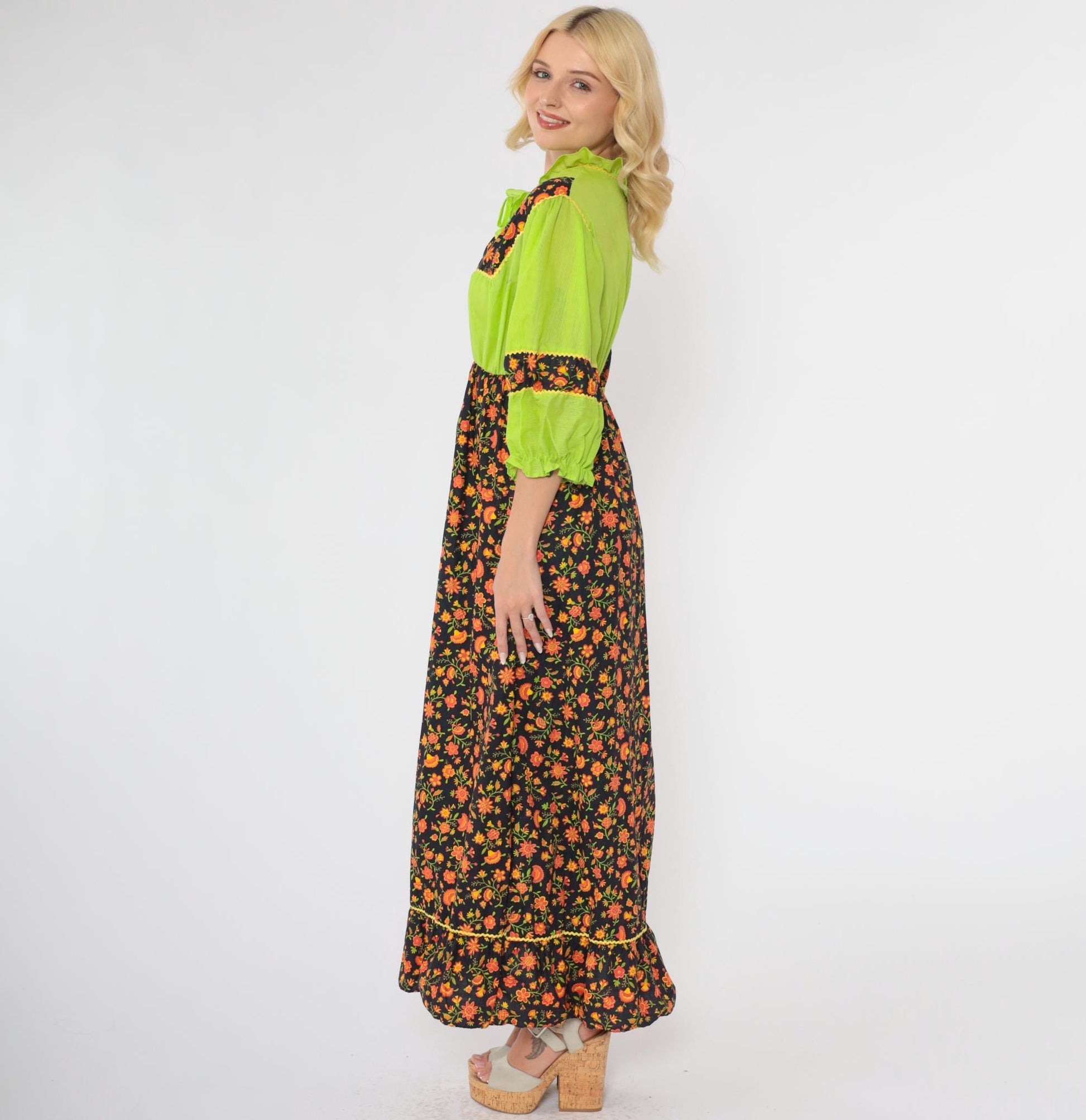 70s Floral Maxi Dress Lime Green Black Orange Puff Sleeve High Waist Small