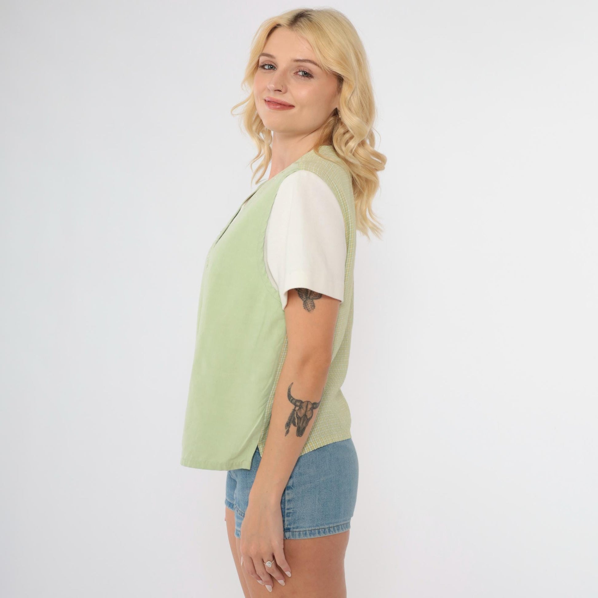 90s Napa Valley Petites Floral Embroidered Checkered Button Up Blouse Green Medium
