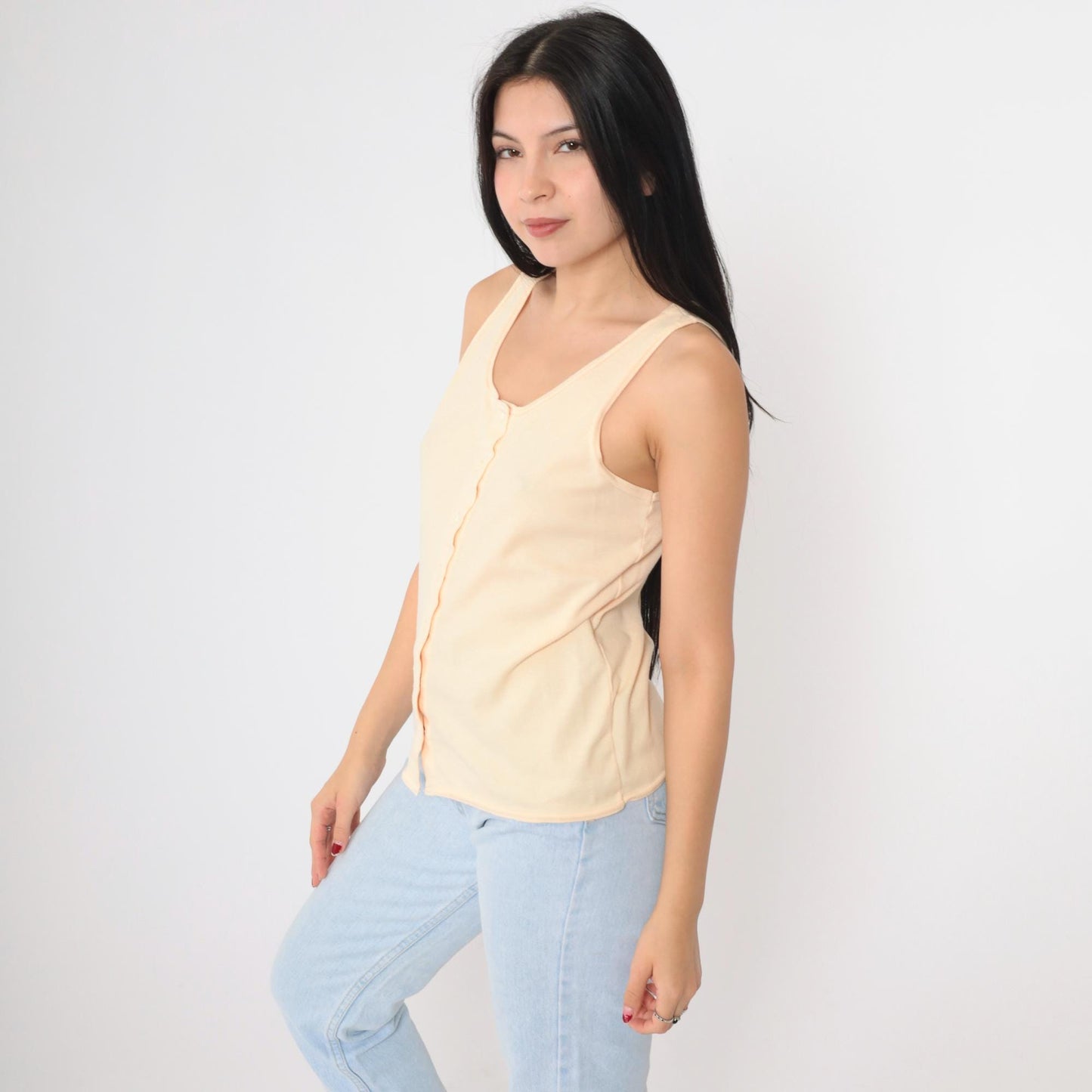 90s Peach Snap Button Tank Top Scoop Neck Sleeveless Blouse Medium