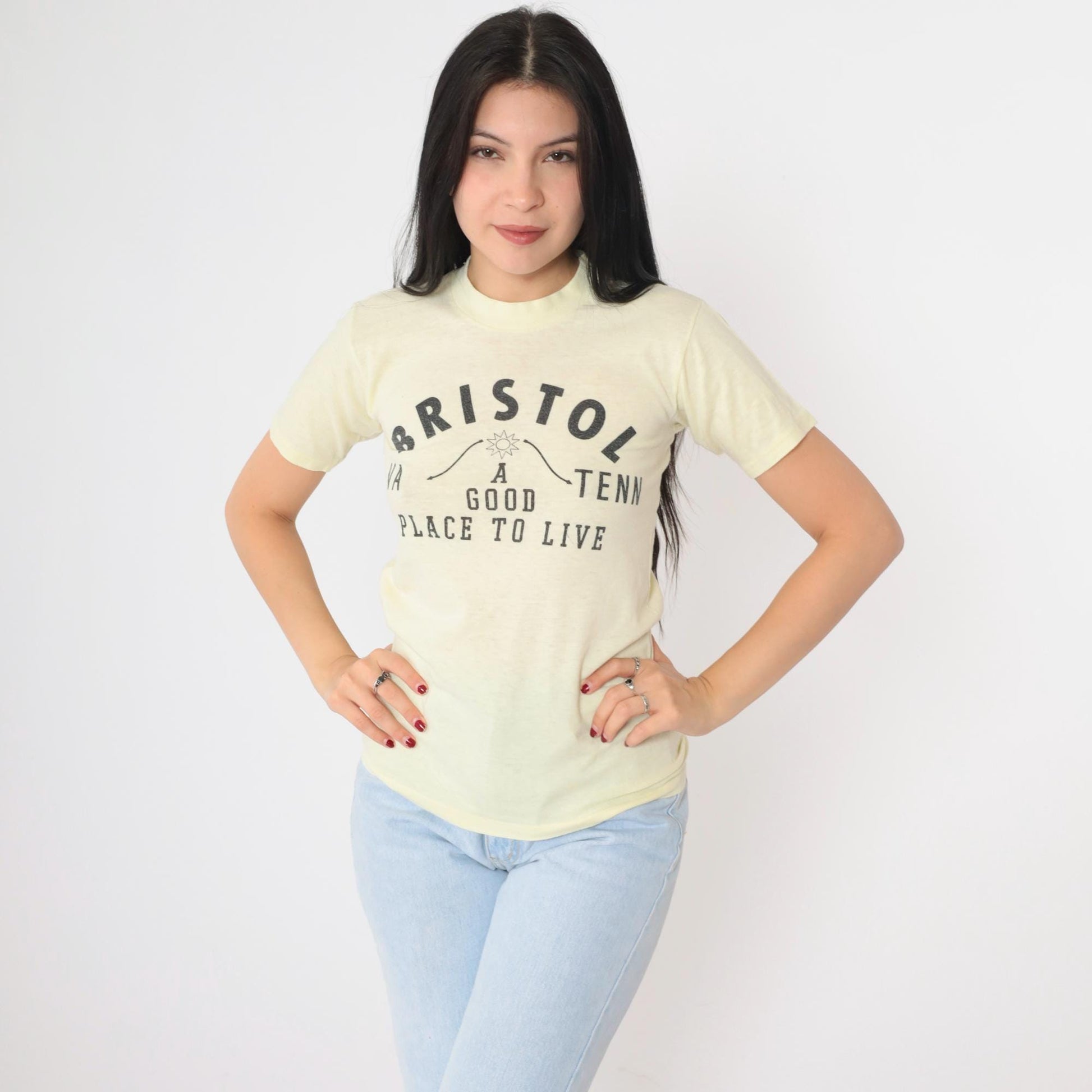 80s Bristol Virginia Tennessee A Good Place to Live Graphic Tee Yellow Extra Small