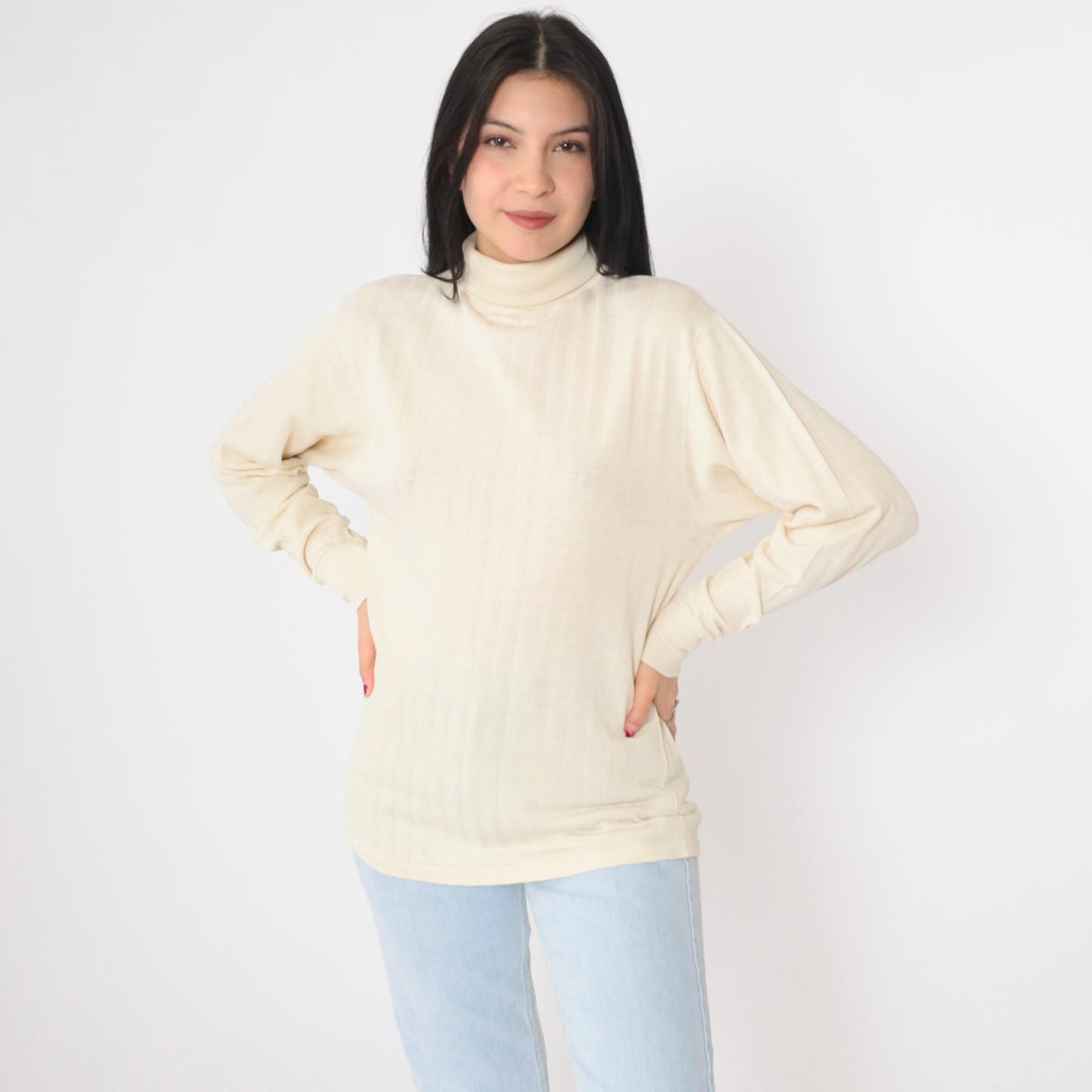 70s Cream Ribbed Turtleneck Long Sleeve Knit Top Medium