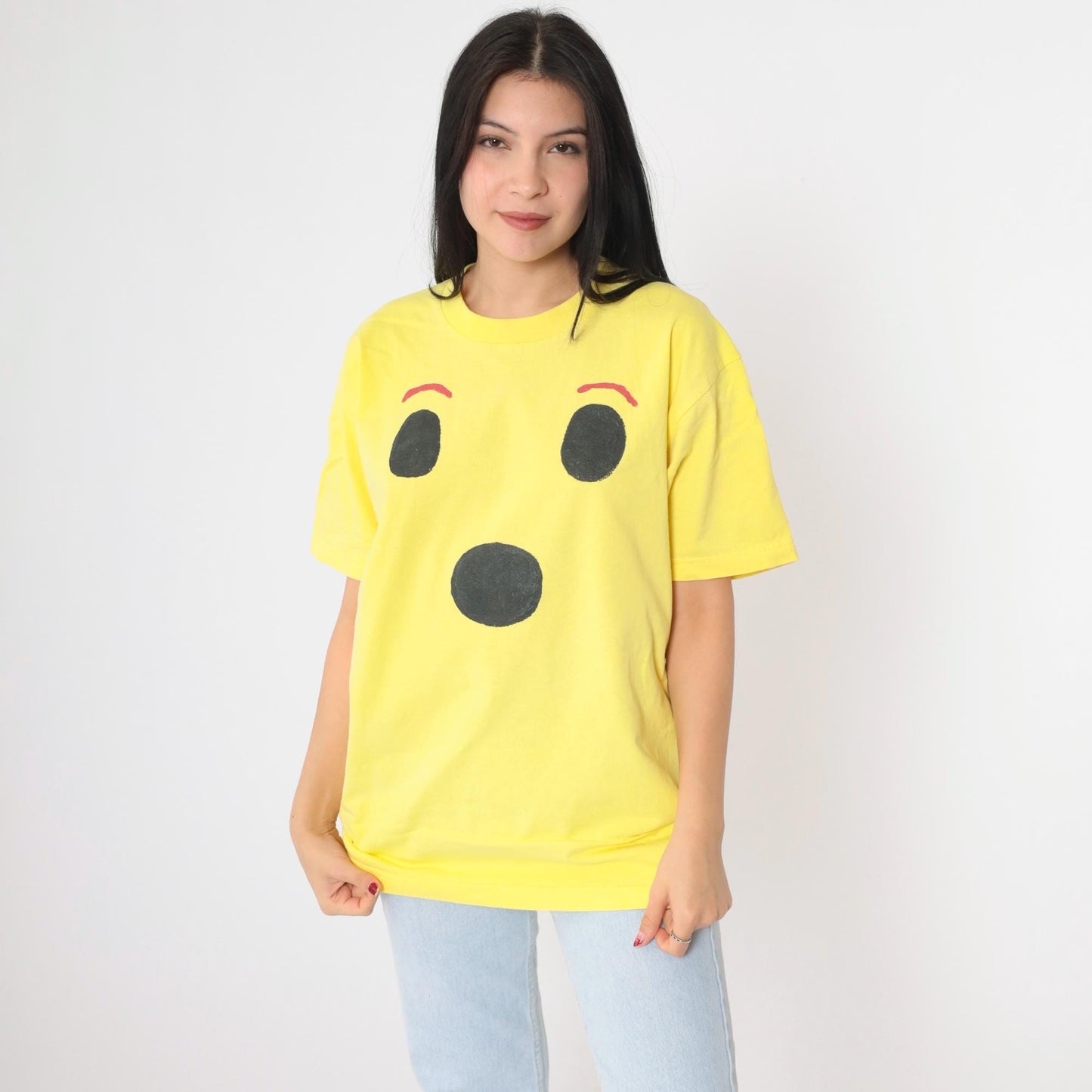 90s Pro Club Surprised Face Graphic Tee Yellow Cotton Crewneck Large