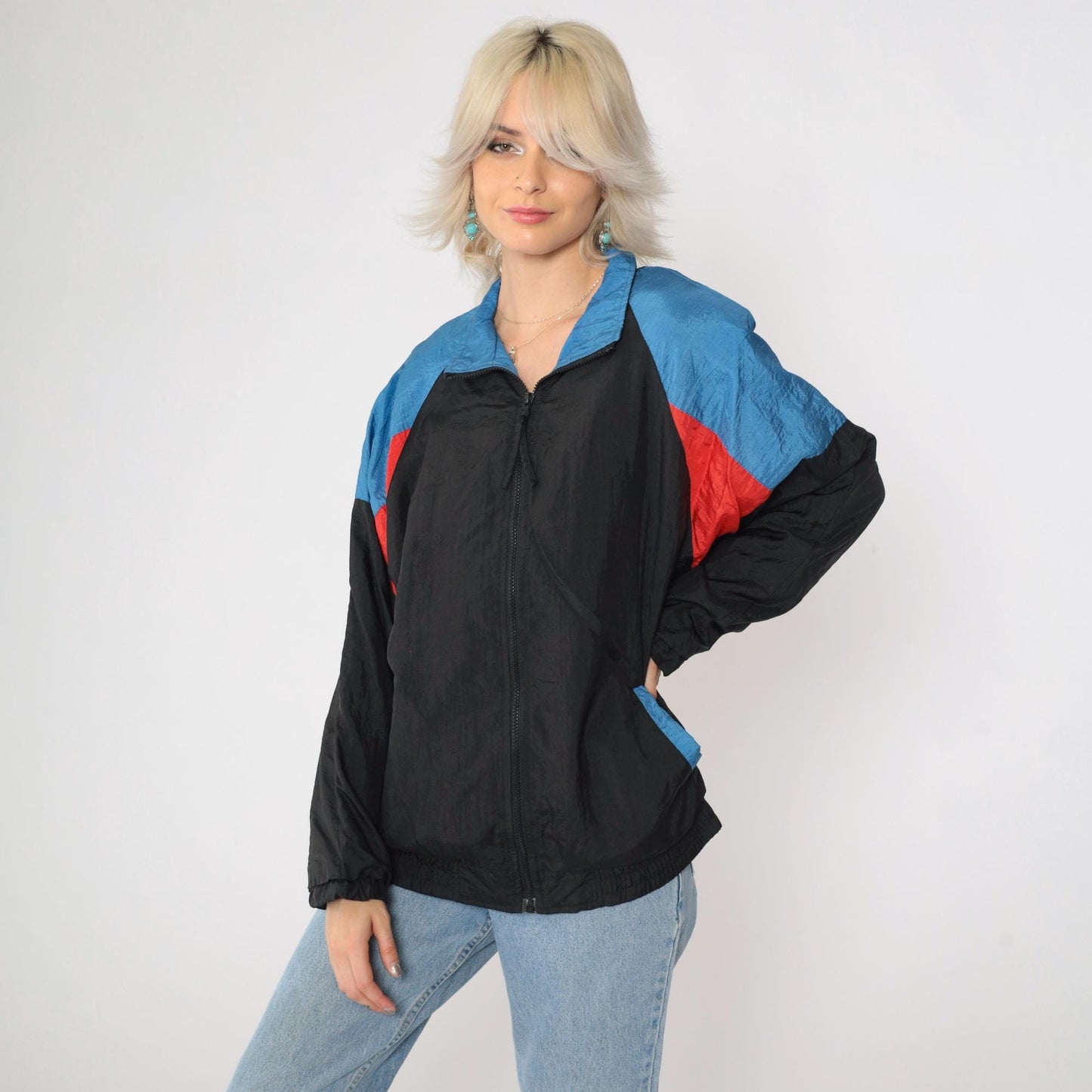 90s Copper Key Windbreaker Black Red Blue Color Block Raglan Large L