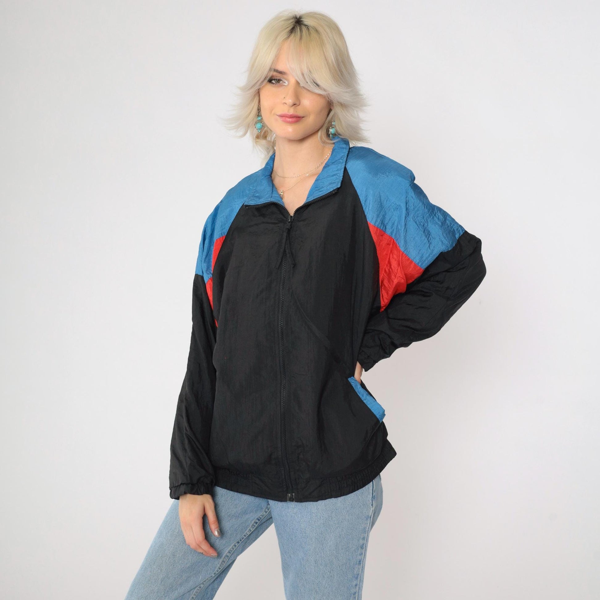 90s Copper Key Windbreaker Black Red Blue Color Block Raglan Large L