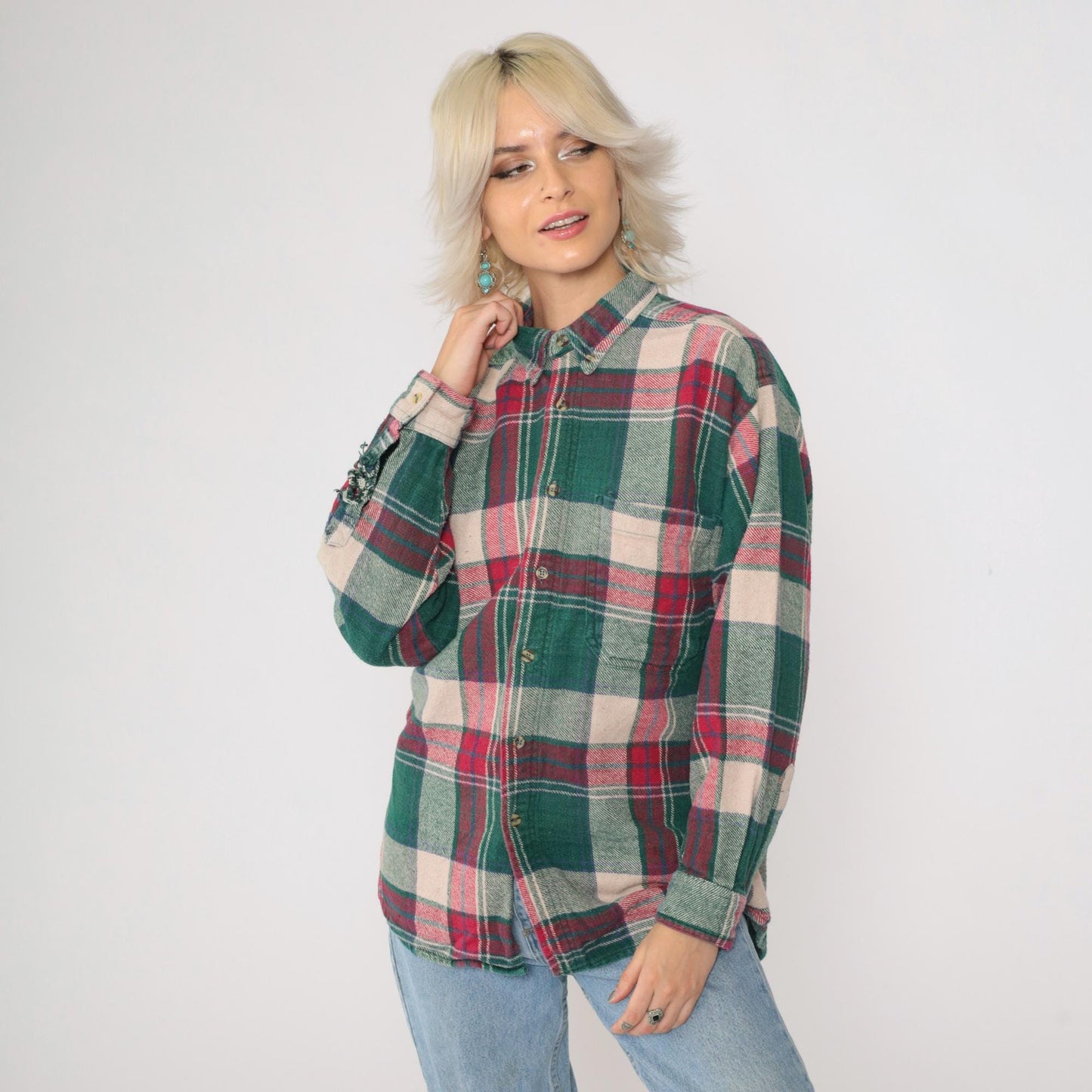90s Sierra Pacific Green Pink Plaid Flannel Shirt Long Sleeve Medium M