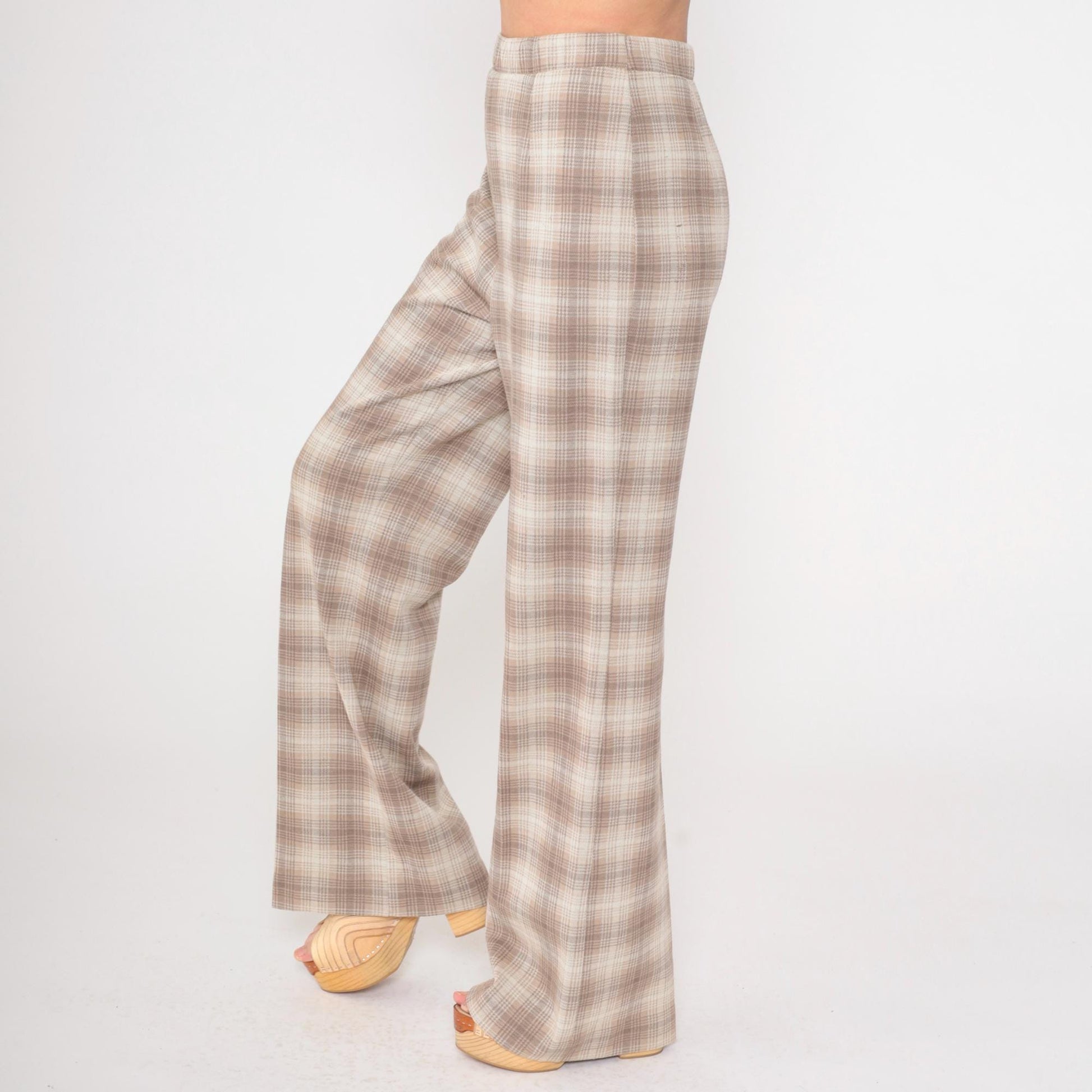 70s Plaid Flared Trousers Taupe High Waist Elastic Pants Small