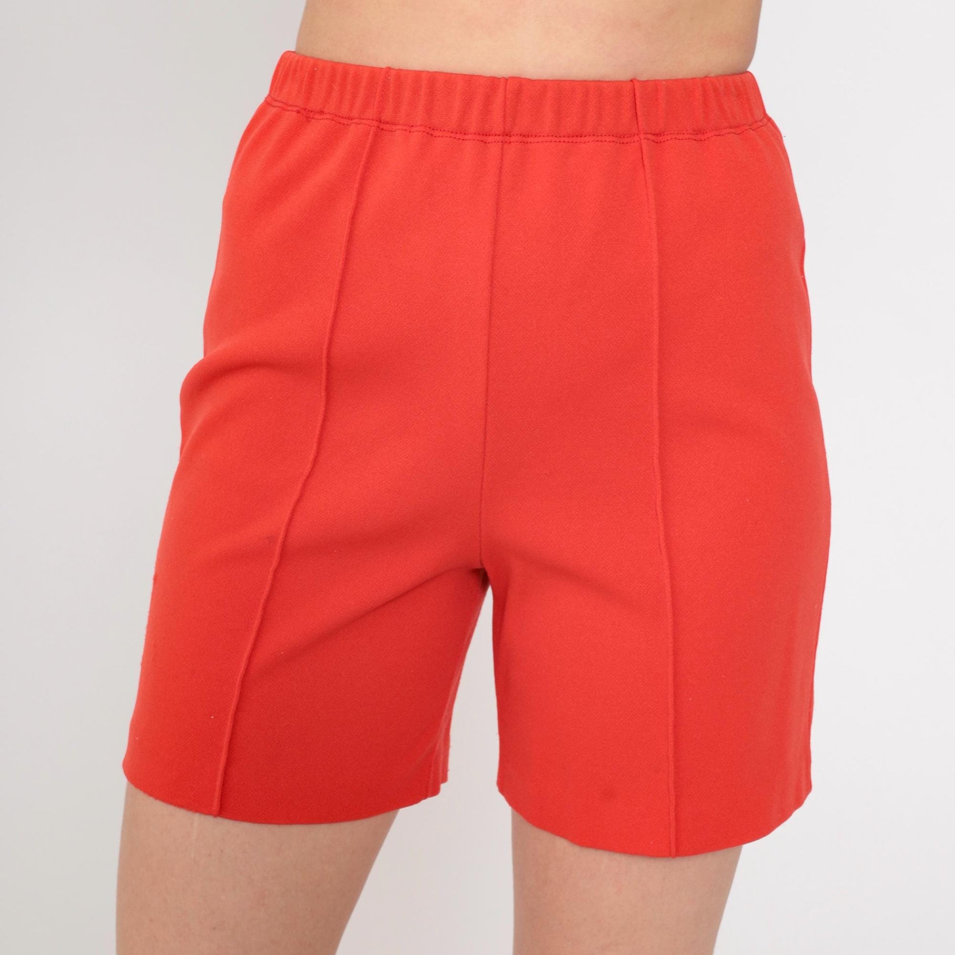 70s Red High-Waisted Shorts Polyester Knit Crease Front Small