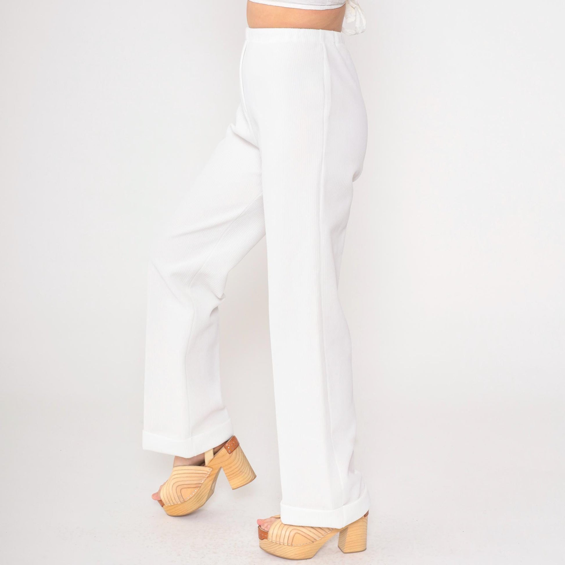 70s White Ribbed Polyester High-Rise Straight Leg Pants Elastic Waist XS